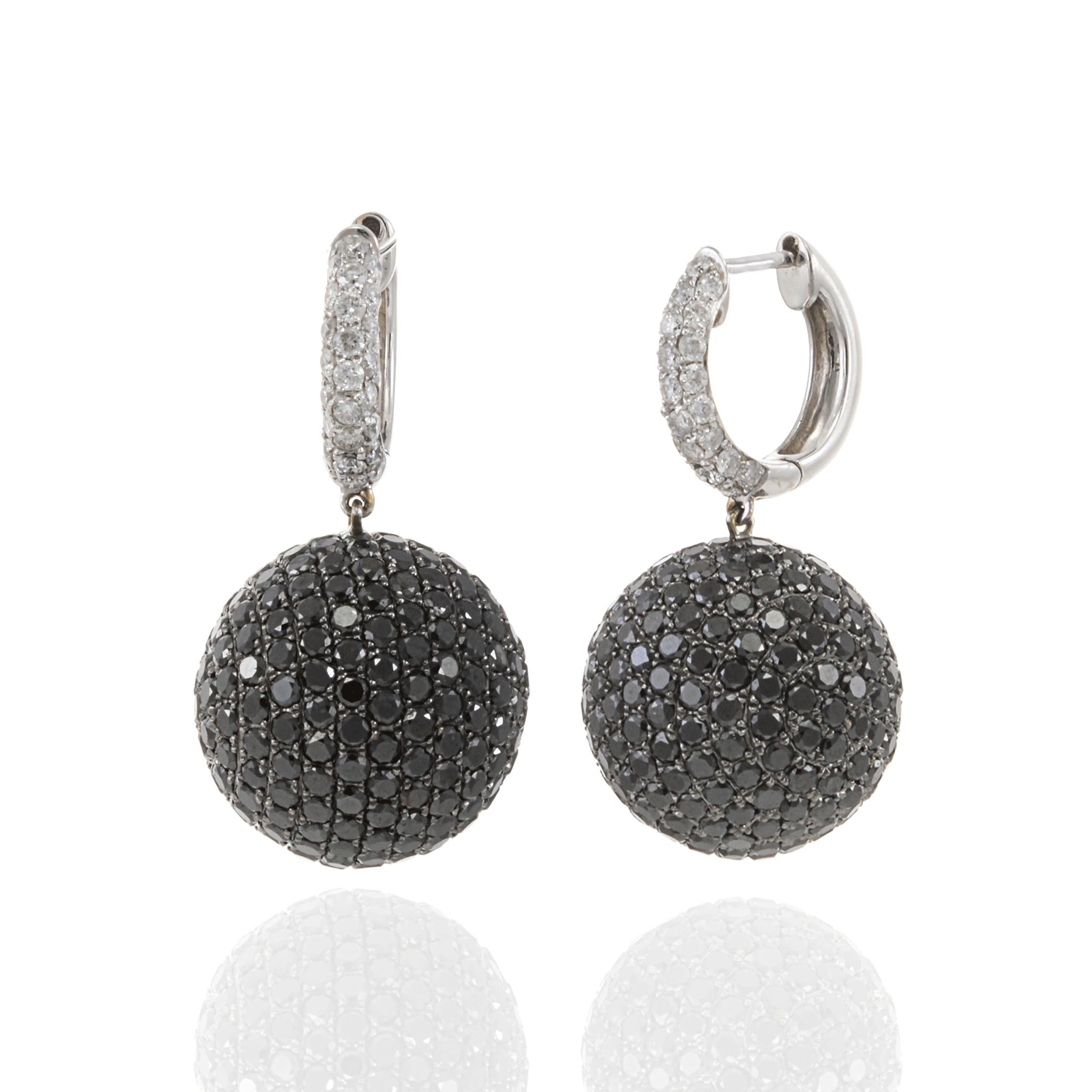 18KT White Gold Black and White Diamond Ball Drop Earrings