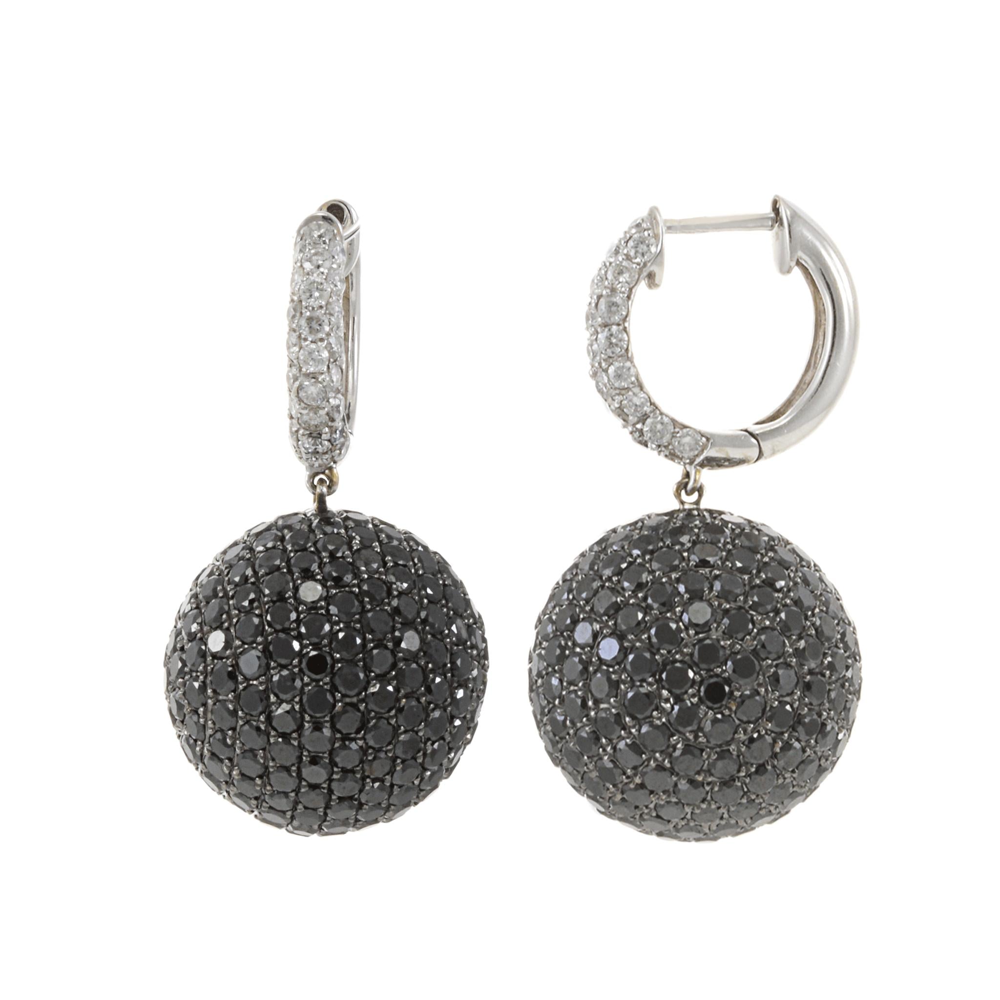 18KT White Gold Black and White Diamond Ball Drop Earrings