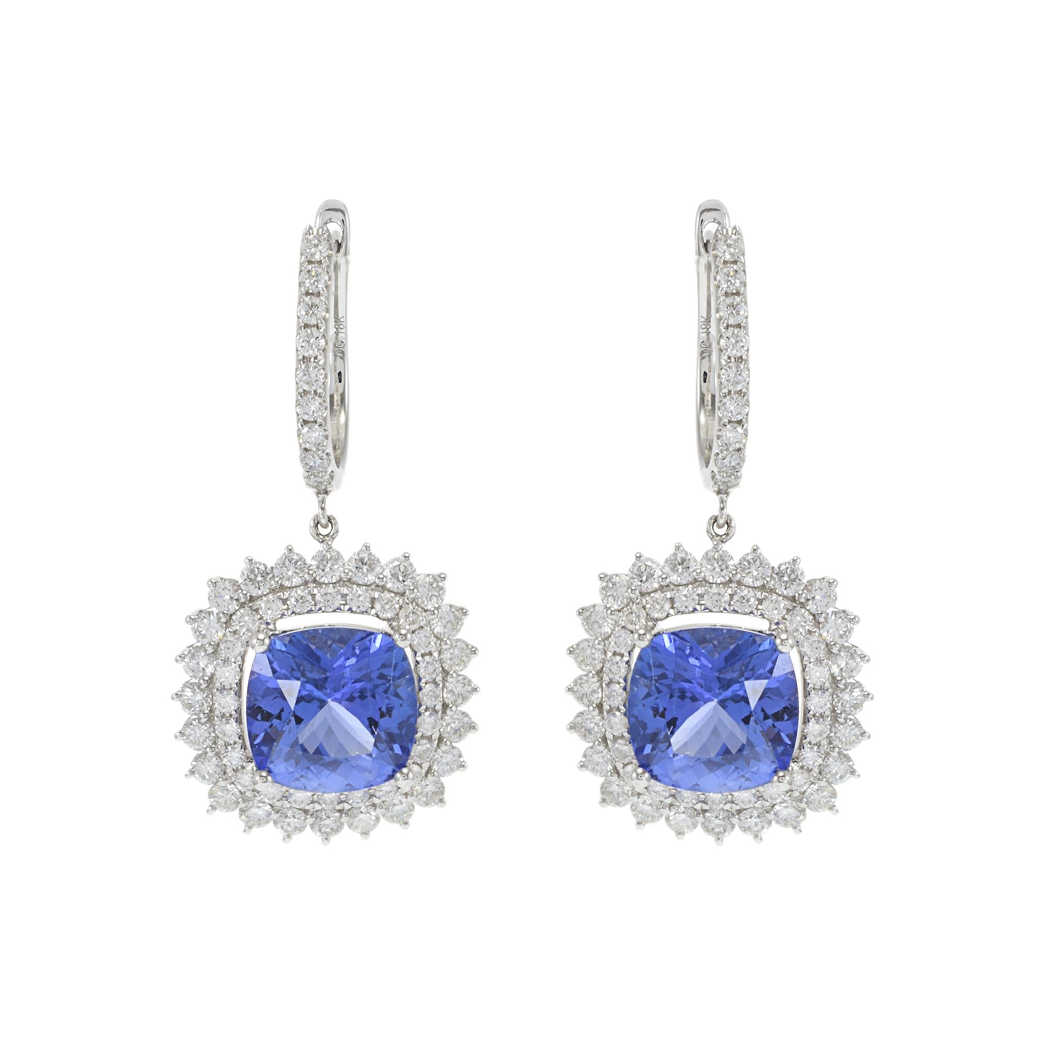 18KT White Gold Cushion Tanzanite and Diamond Drop Earrings