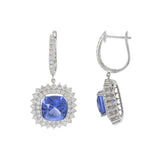 18KT White Gold Cushion Tanzanite and Diamond Drop Earrings