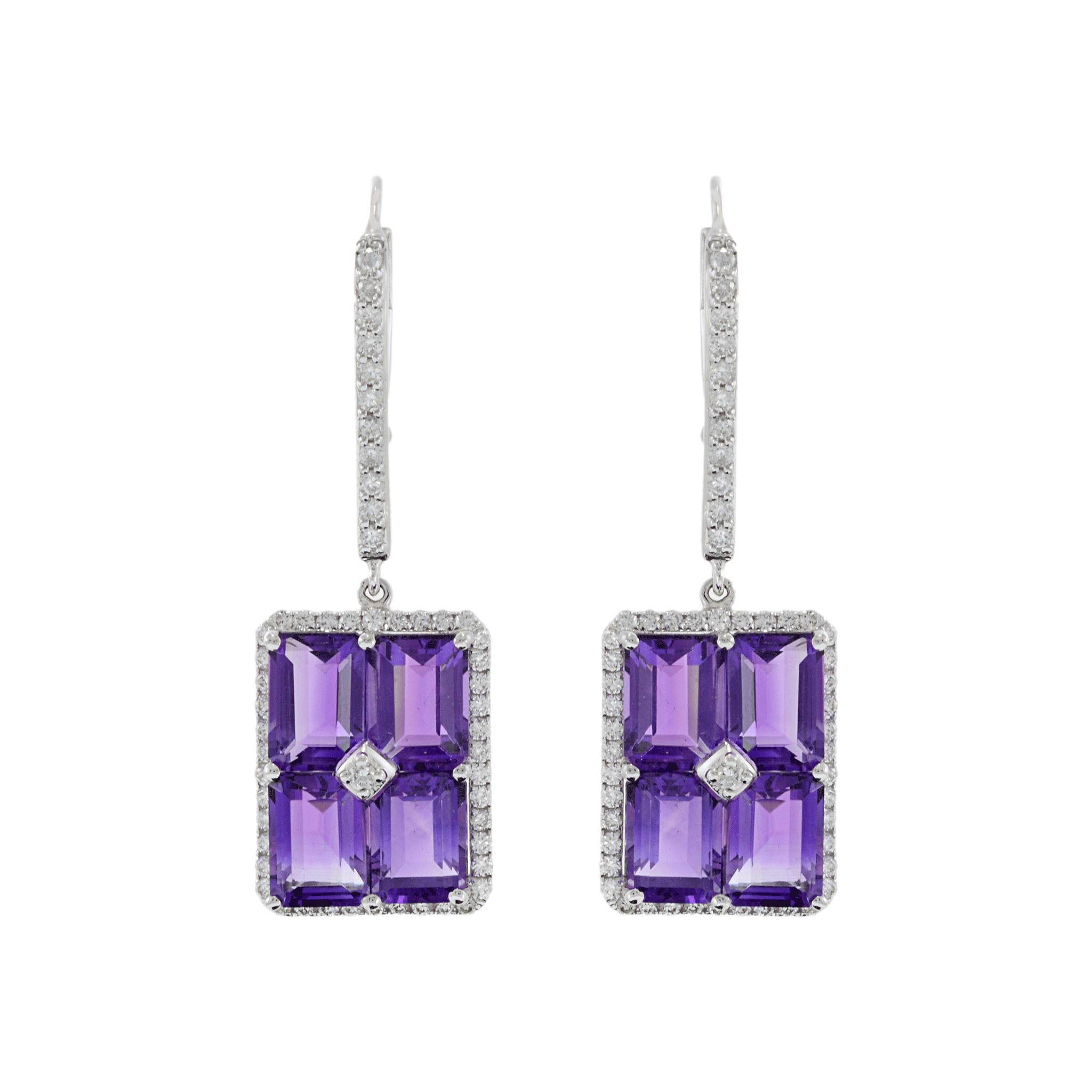 18KT White Gold Amethyst and Diamond Drop Earrings