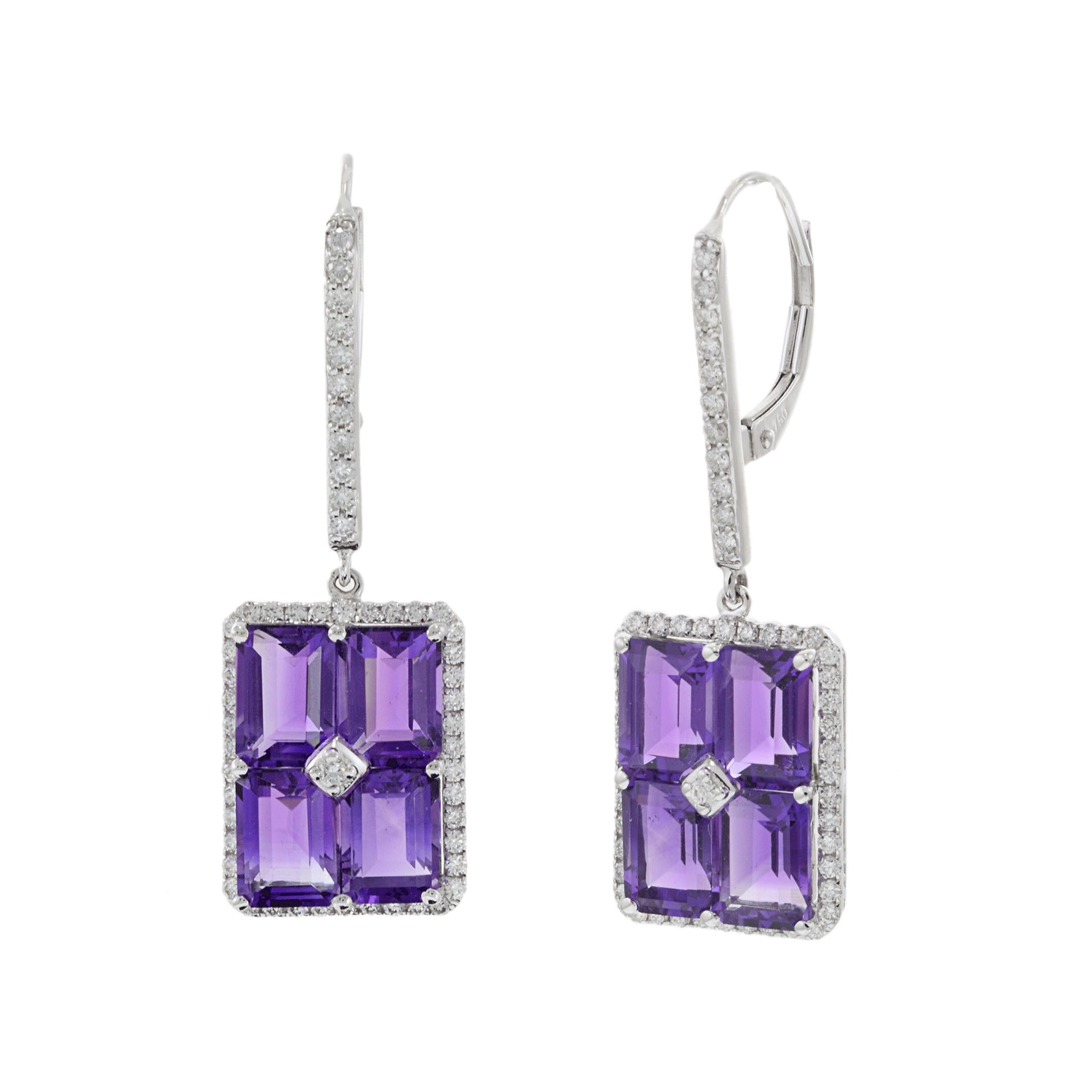 18KT White Gold Amethyst and Diamond Drop Earrings