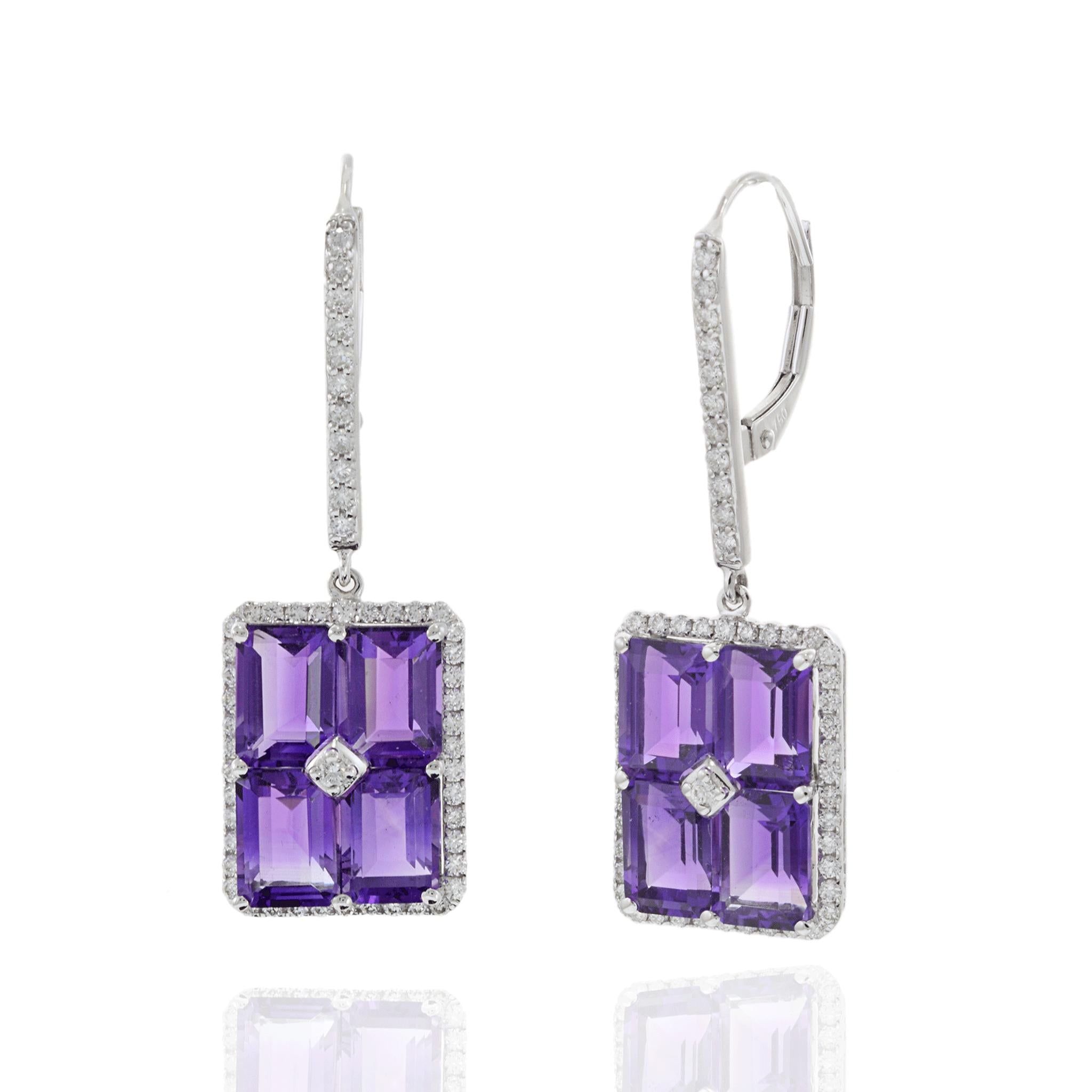 18KT White Gold Amethyst and Diamond Drop Earrings
