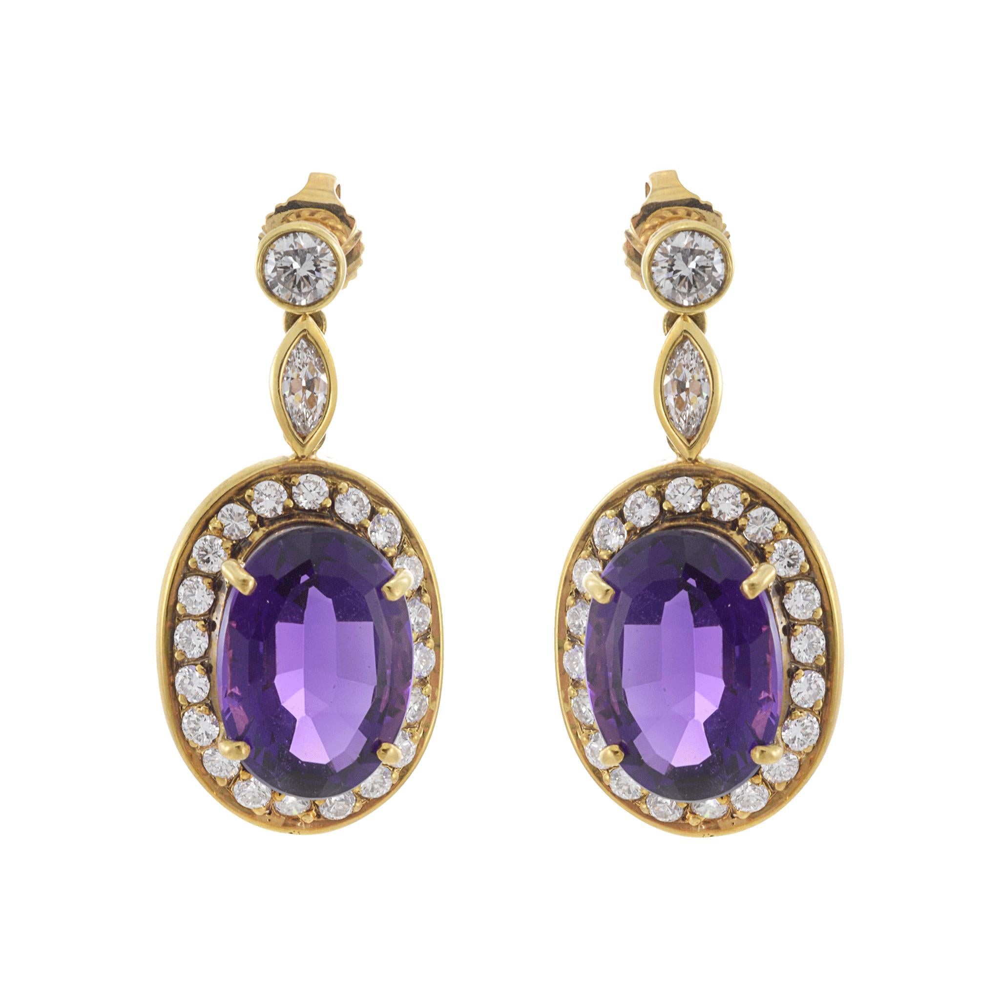 18KT Yellow Gold Oval Amethyst and Diamond Drop Earrings