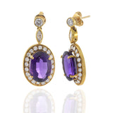 18KT Yellow Gold Oval Amethyst and Diamond Drop Earrings