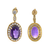 18KT Yellow Gold Oval Amethyst and Diamond Drop Earrings