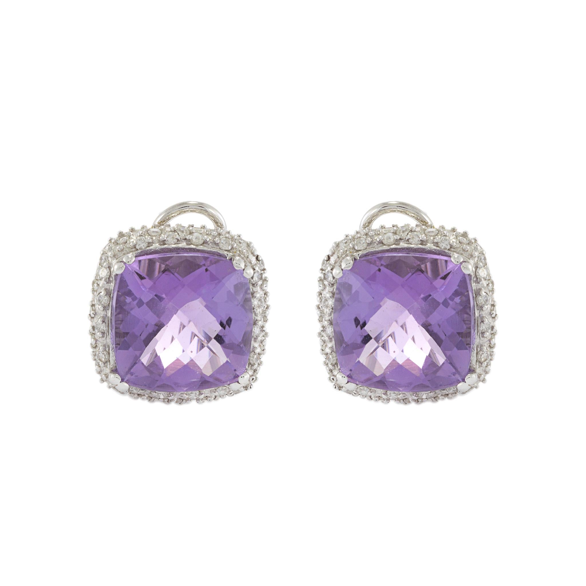 14KT White Gold Amethyst and Diamond Cushion Earrings