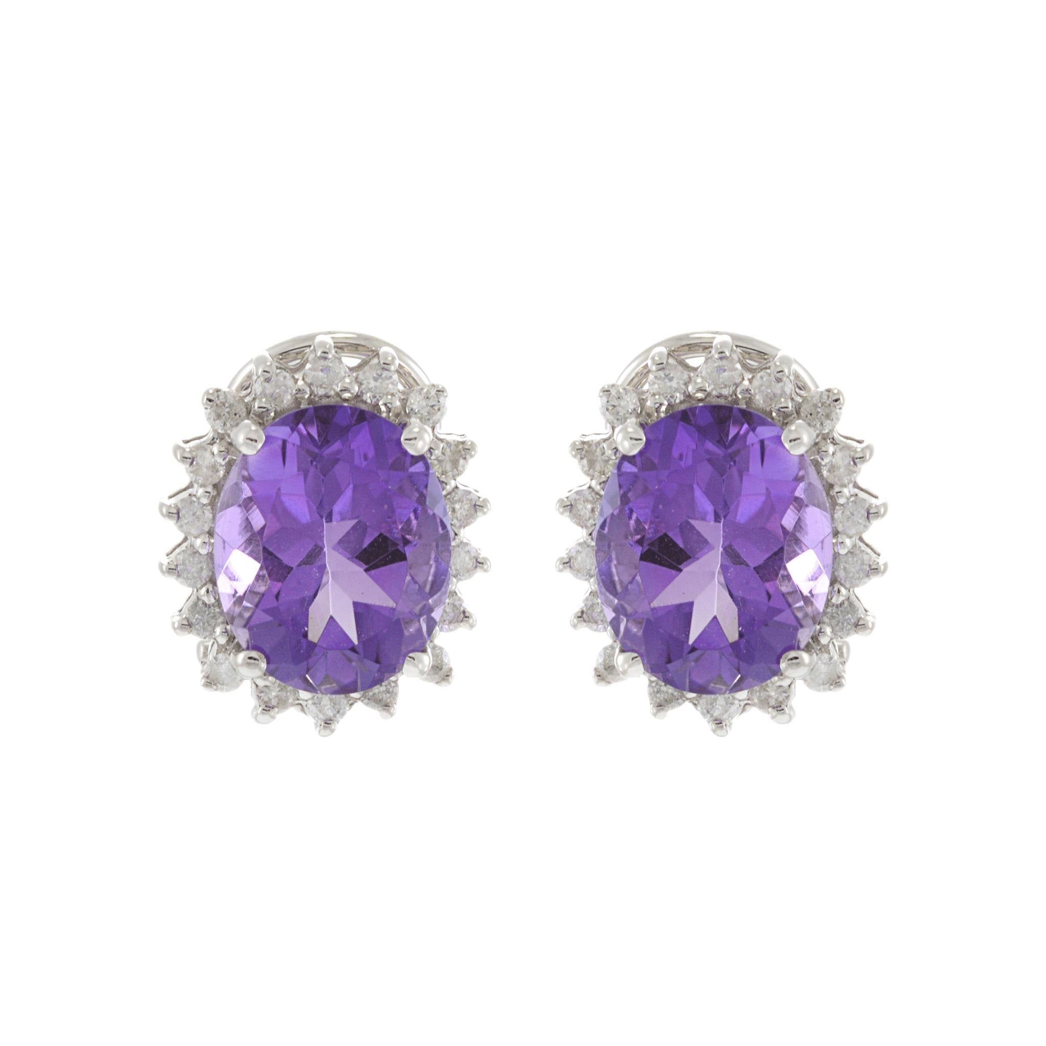14KT White Gold Oval Amethyst and Diamond Earrings