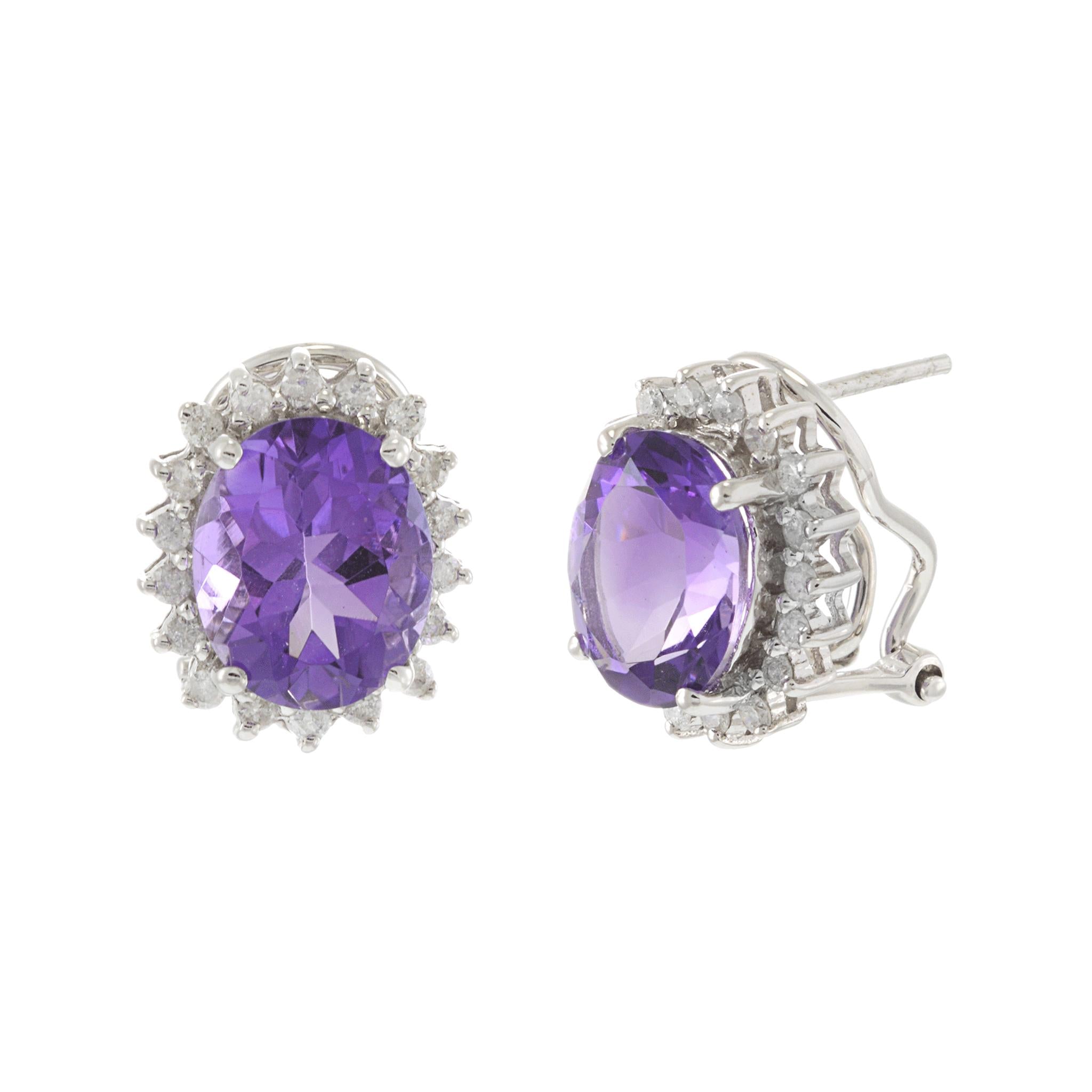 14KT White Gold Oval Amethyst and Diamond Earrings