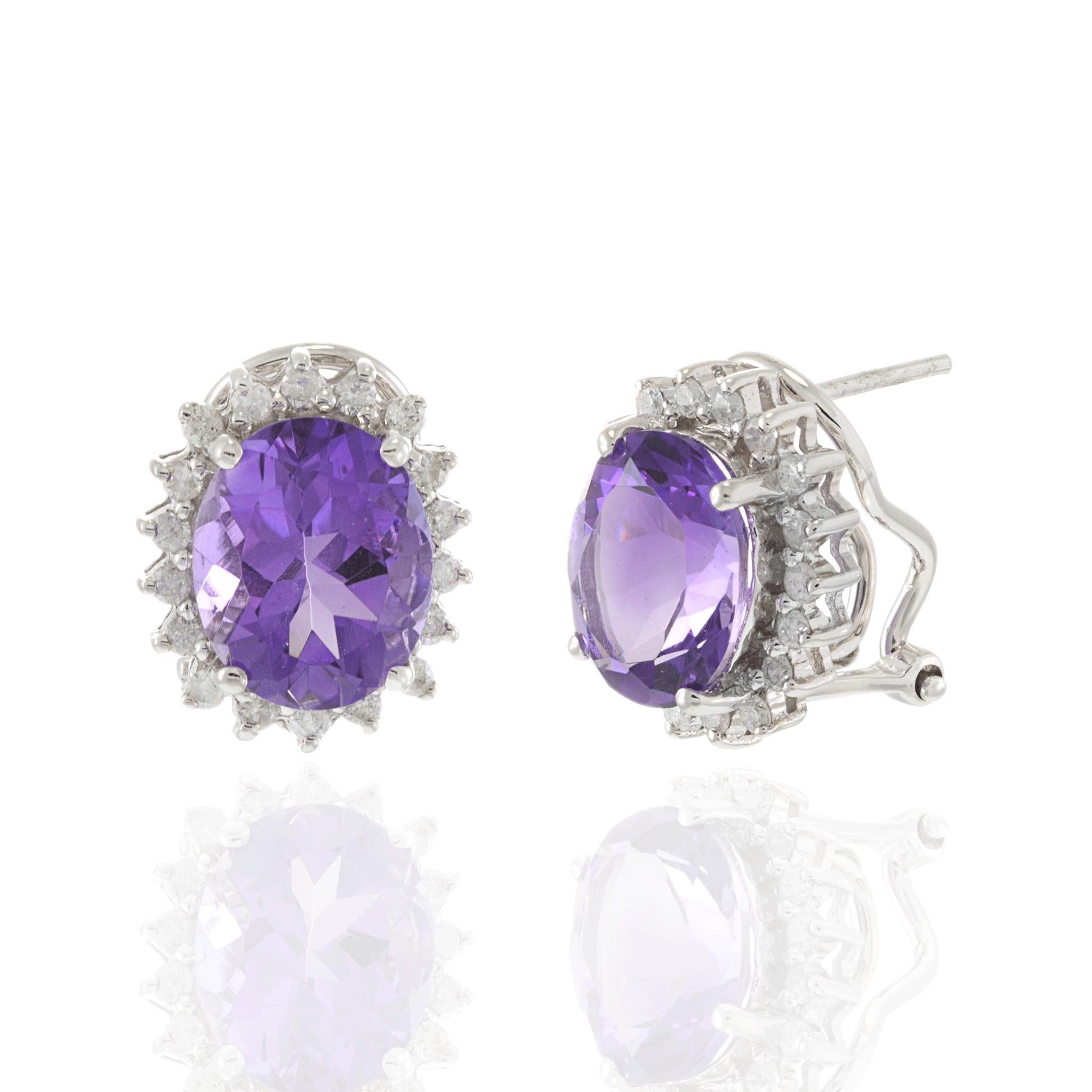 14KT White Gold Oval Amethyst and Diamond Earrings