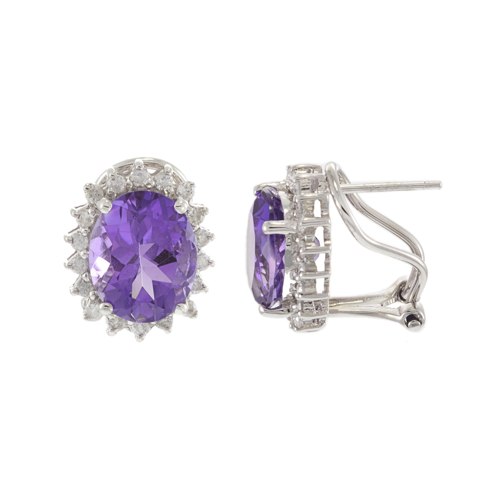 14KT White Gold Oval Amethyst and Diamond Earrings
