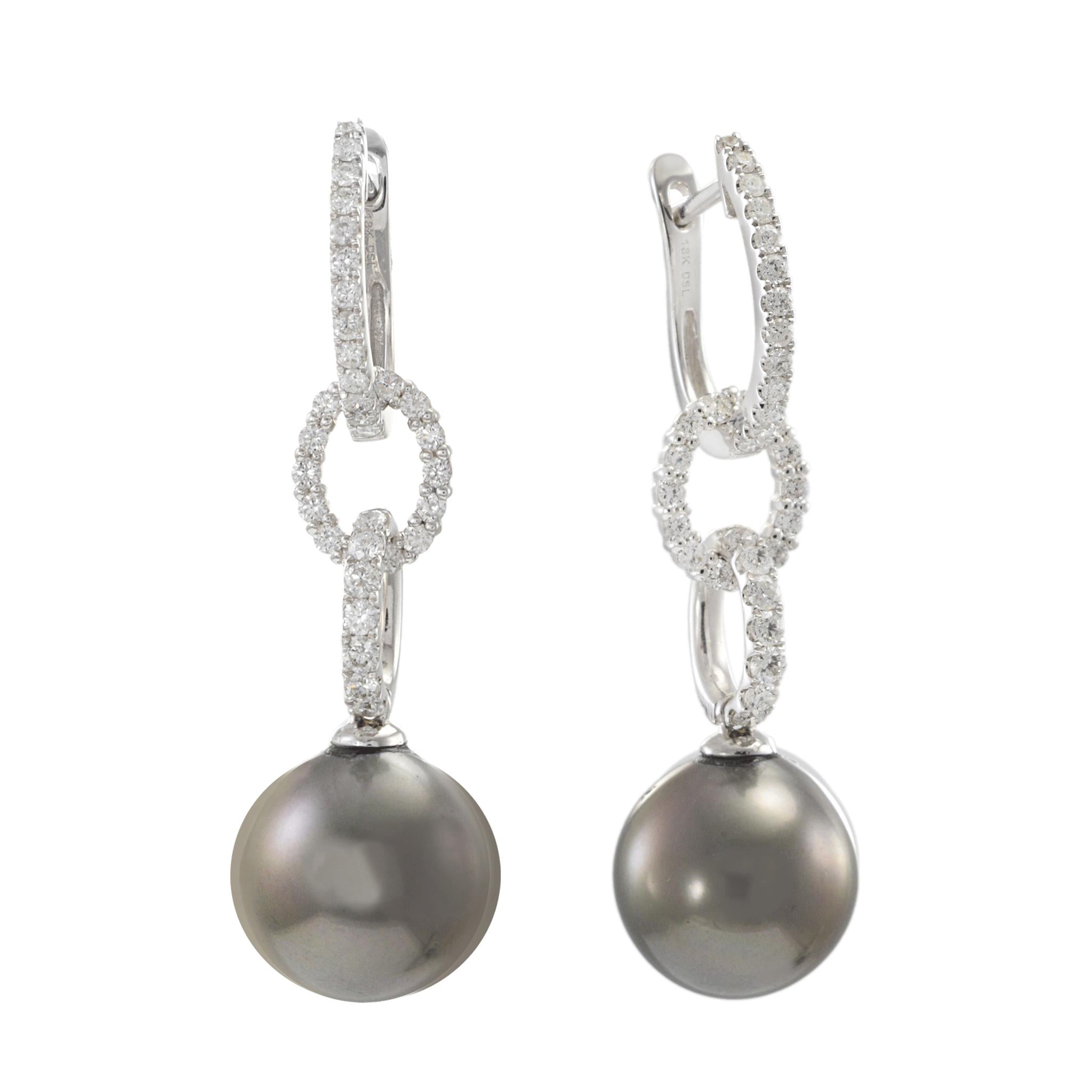 18KT White Gold Tahitian Pearl and Diamond Drop Earrings