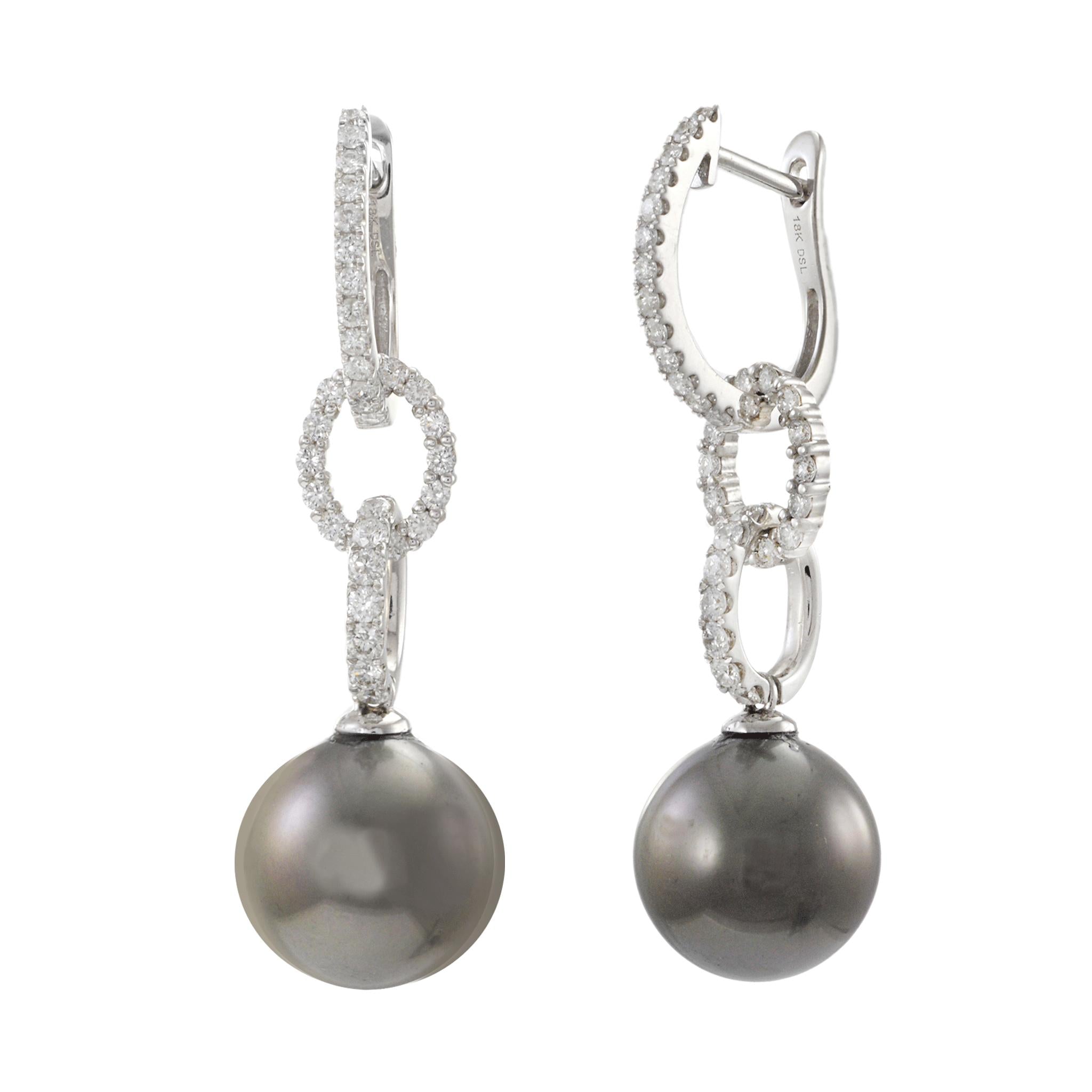 18KT White Gold Tahitian Pearl and Diamond Drop Earrings