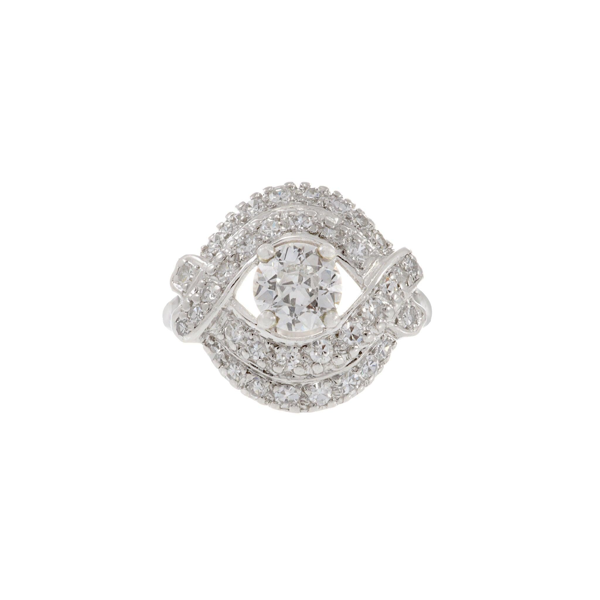 Vintage 1940s Platinum Old European Cut Diamond Ring 1.61CT-TW