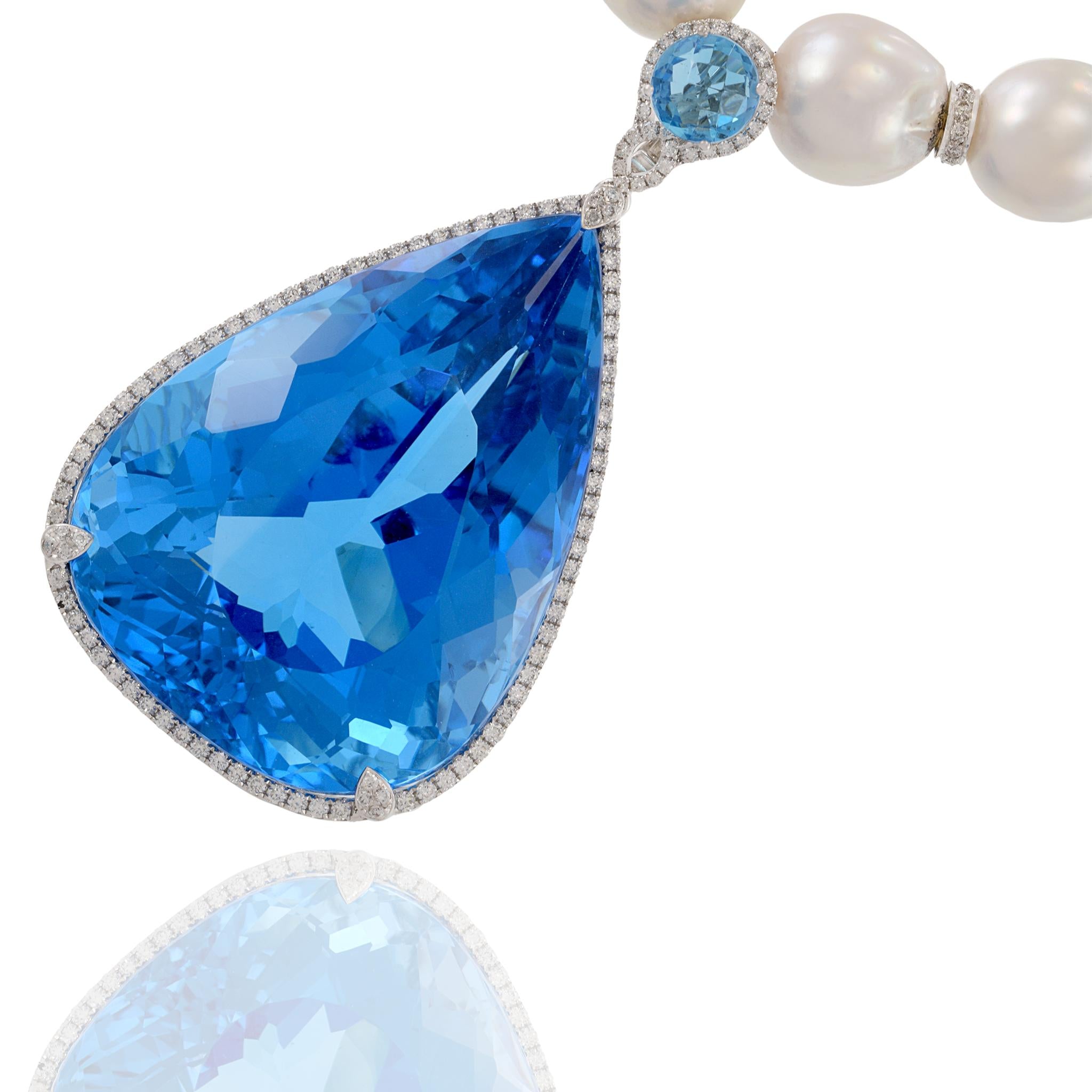 South Sea Pearl Necklace with Diamond Spacers and 266.58CT Blue Topaz Pendant