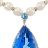 South Sea Pearl Necklace with Diamond Spacers and 266.58CT Blue Topaz Pendant