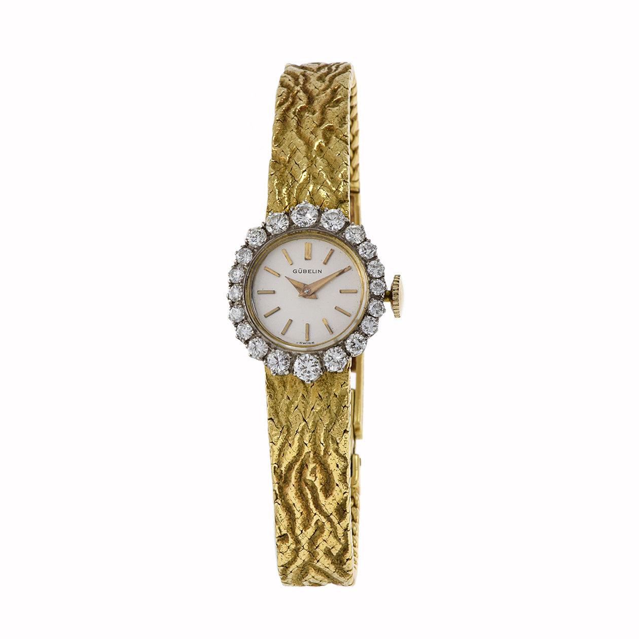 Vintage 1960s Gubelin 18KT Gold Bark-Finish Diamond Bezel Bracelet Watch