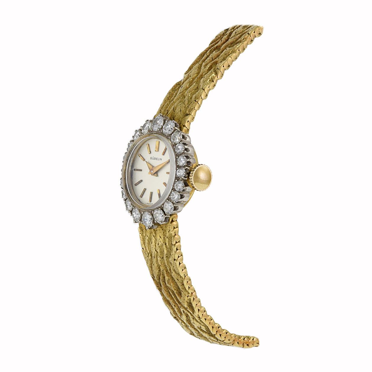 Vintage 1960s Gubelin 18KT Gold Bark-Finish Diamond Bezel Bracelet Watch