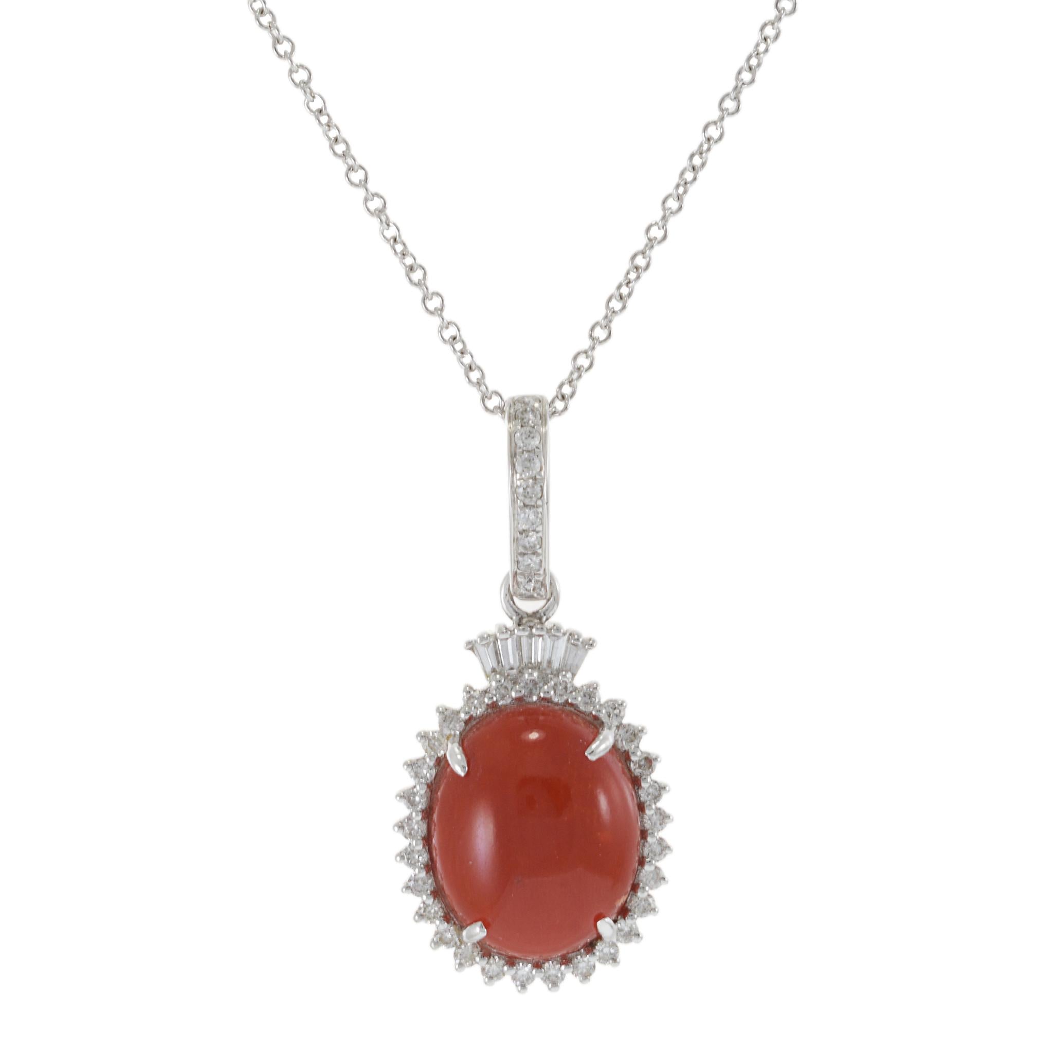 18KT White Gold Coral and Diamond Halo Pendant Necklace