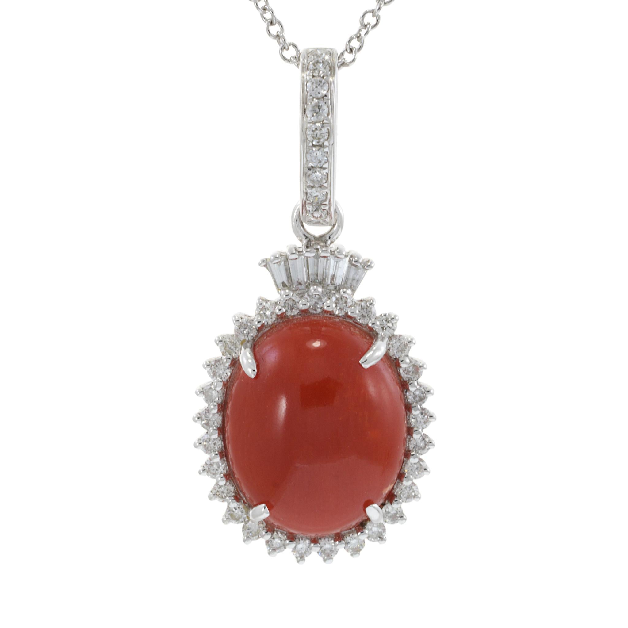 18KT White Gold Coral and Diamond Halo Pendant Necklace