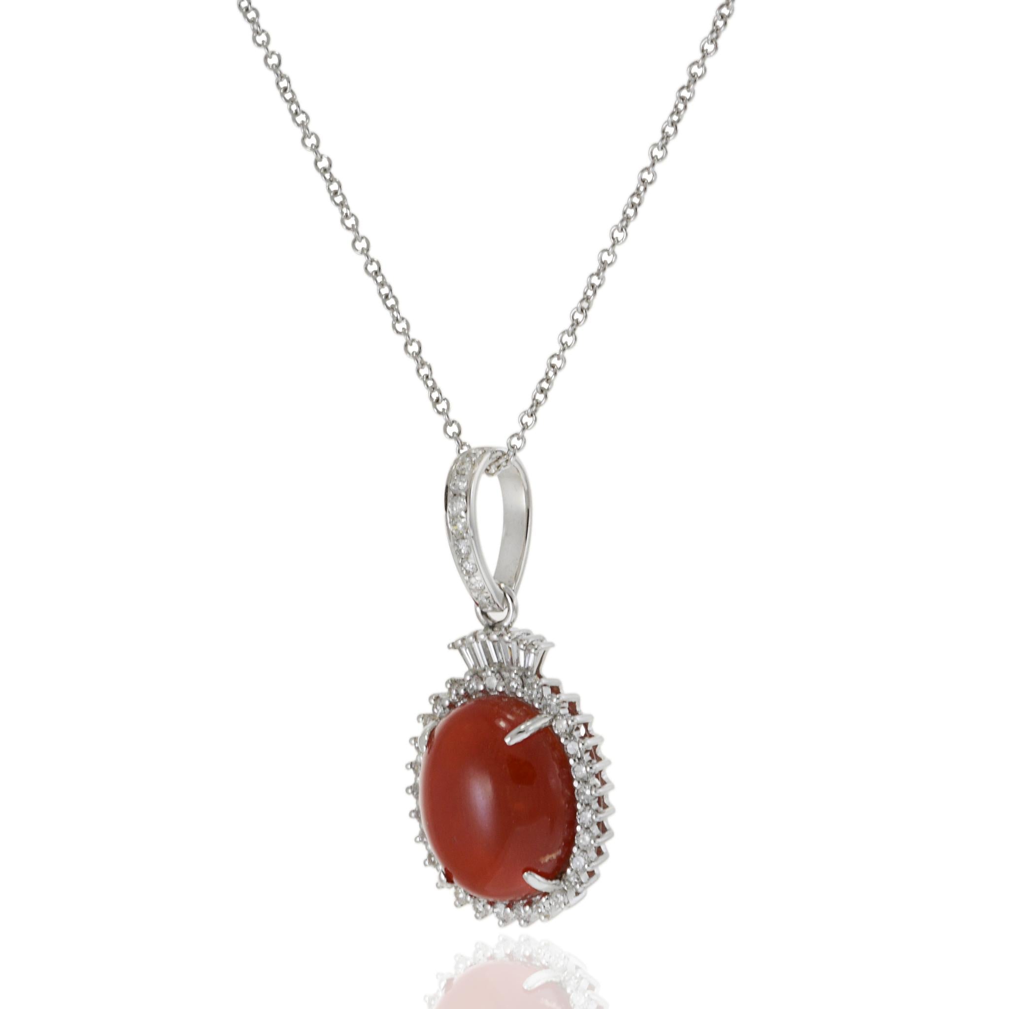 18KT White Gold Coral and Diamond Halo Pendant Necklace