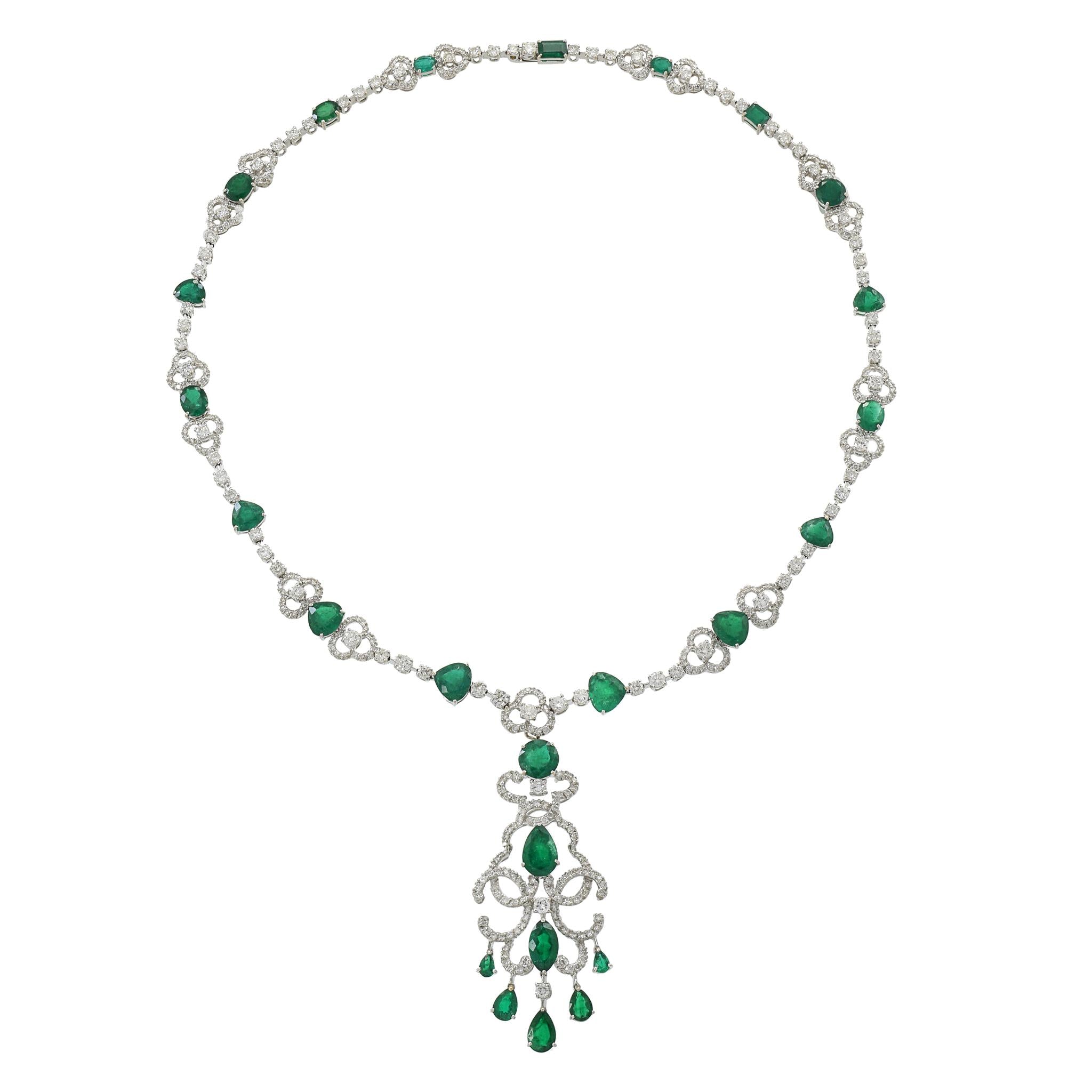 18KT White Gold Emerald and Diamond Statement Necklace with Removable Drop