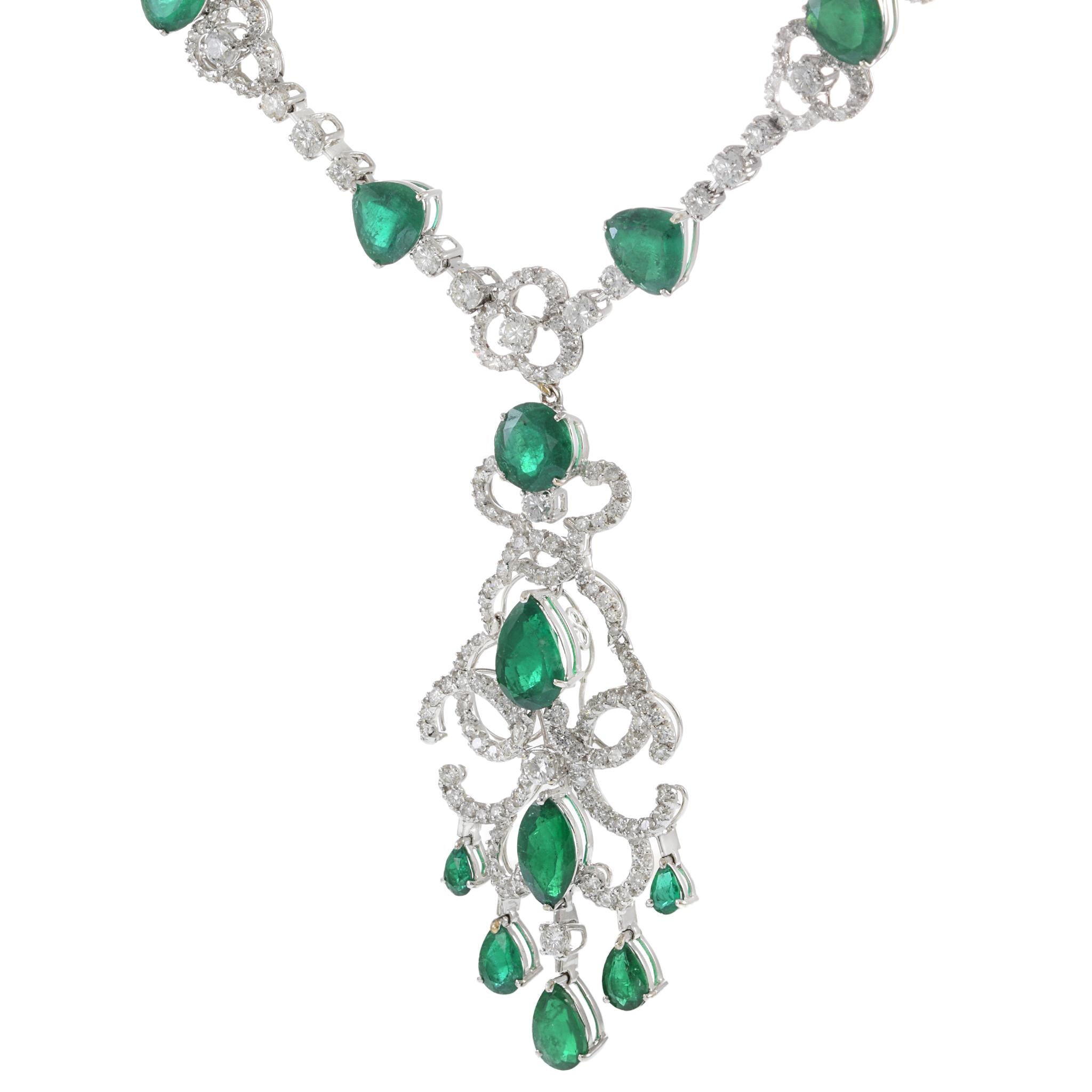18KT White Gold Emerald and Diamond Statement Necklace with Removable Drop