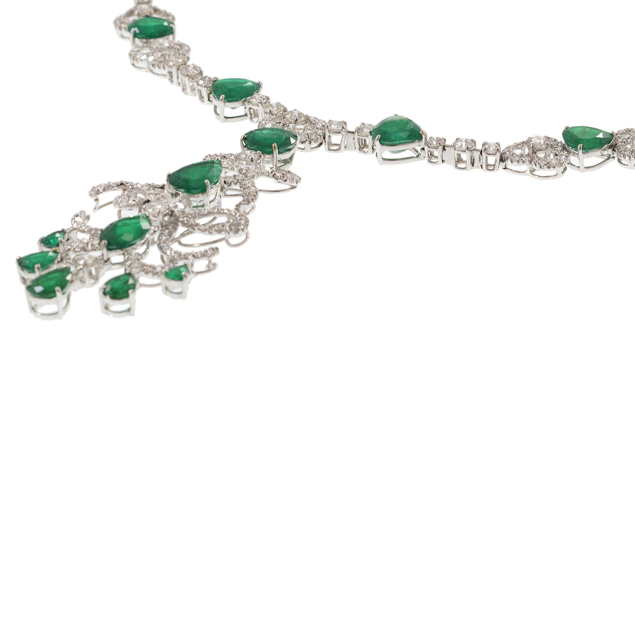 18KT White Gold Emerald and Diamond Statement Necklace with Removable Drop