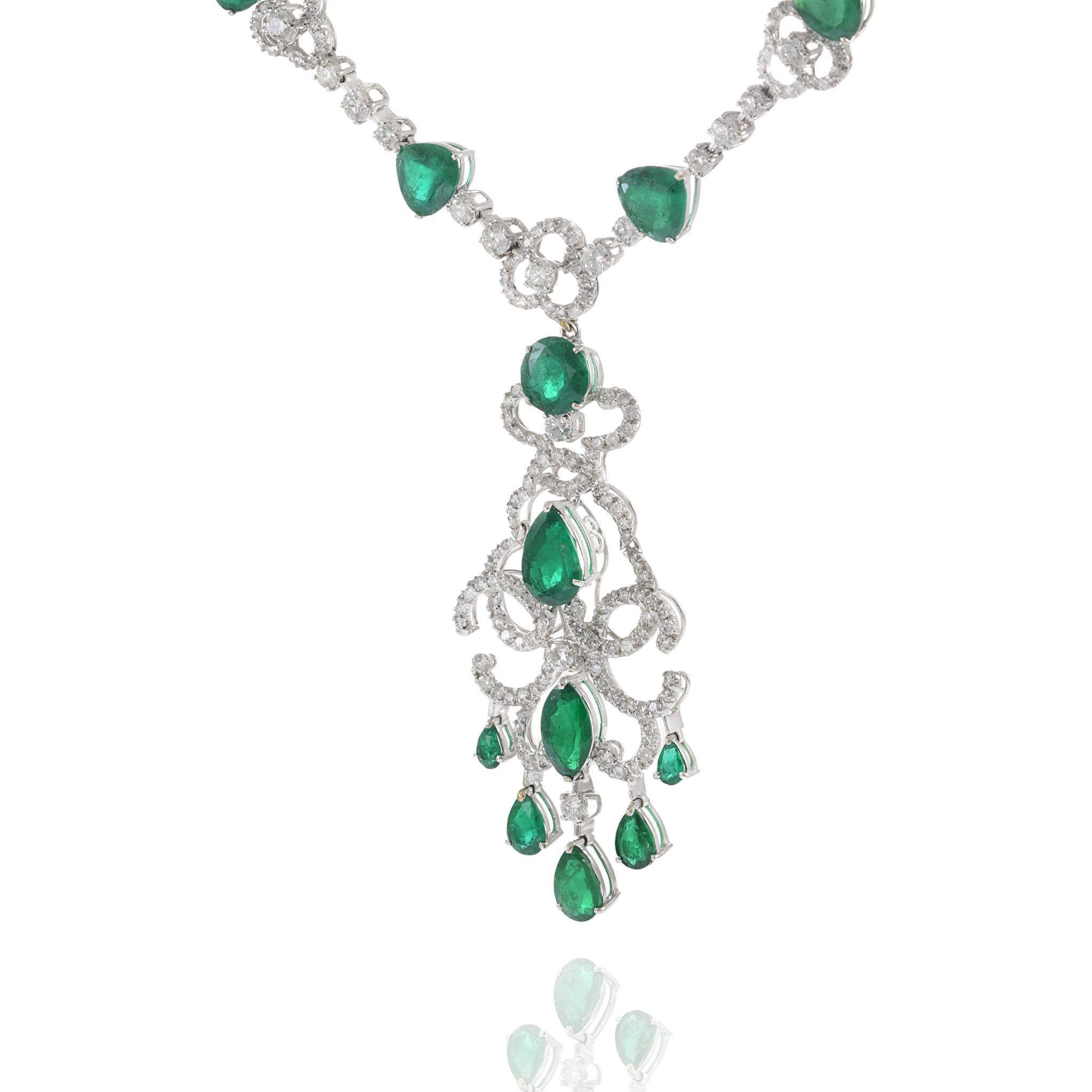 18KT White Gold Emerald and Diamond Statement Necklace with Removable Drop
