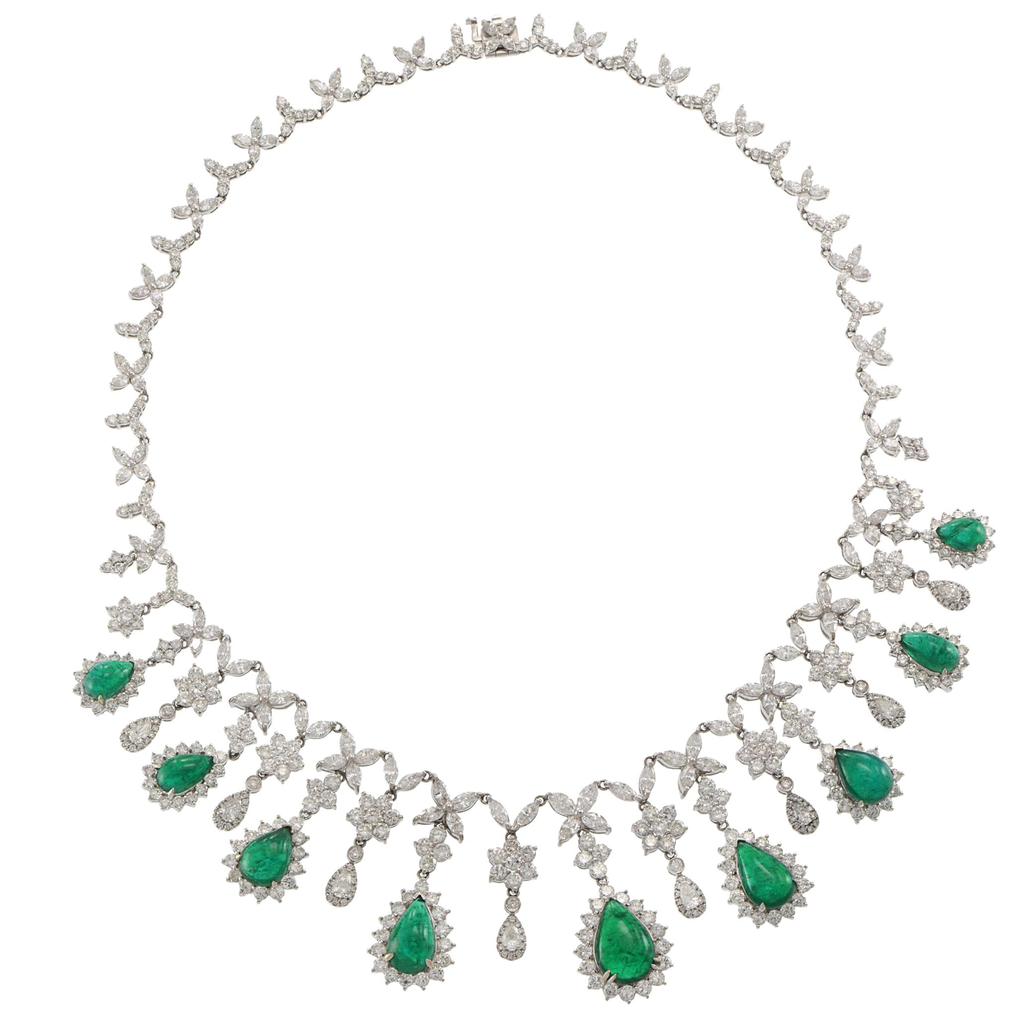 18KT White Gold Emerald and Diamond Bib Necklace