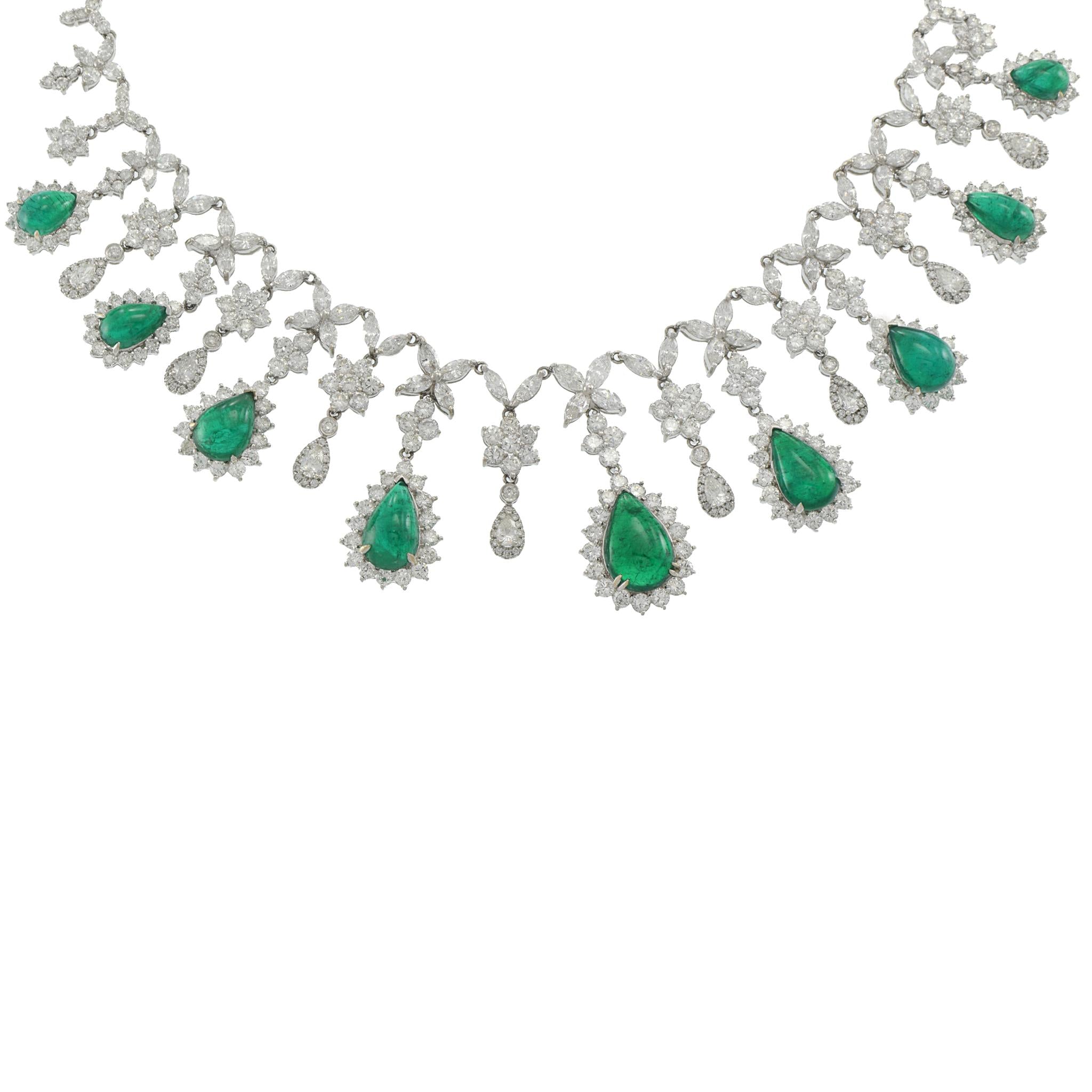 18KT White Gold Emerald and Diamond Bib Necklace