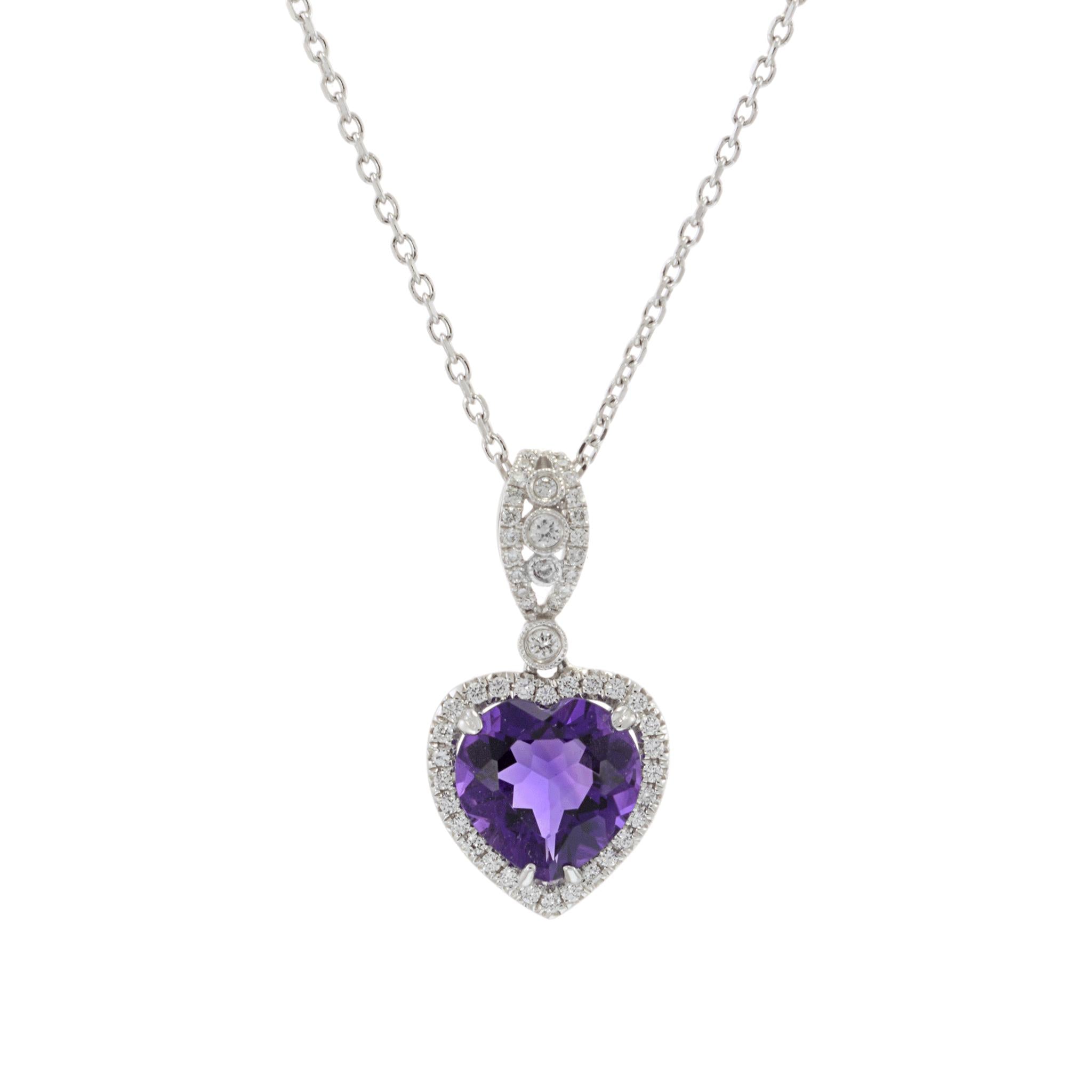 14KT White Gold Heart-Shaped Amethyst and Diamond Pendant Necklace