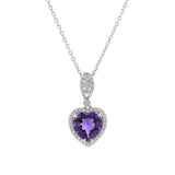 14KT White Gold Heart-Shaped Amethyst and Diamond Pendant Necklace