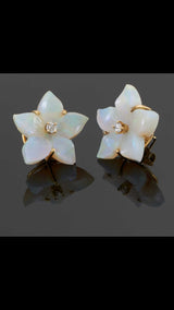 Vintage 14KT Yellow Gold Opal and Diamond Floral Earrings