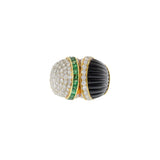 Vintage Retro 18KT Yellow Gold Dome Ring with Onyx, Emeralds & Diamonds