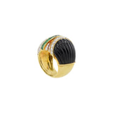 Vintage Retro 18KT Yellow Gold Dome Ring with Onyx, Emeralds & Diamonds