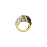 Vintage Retro 18KT Yellow Gold Dome Ring with Onyx, Emeralds & Diamonds