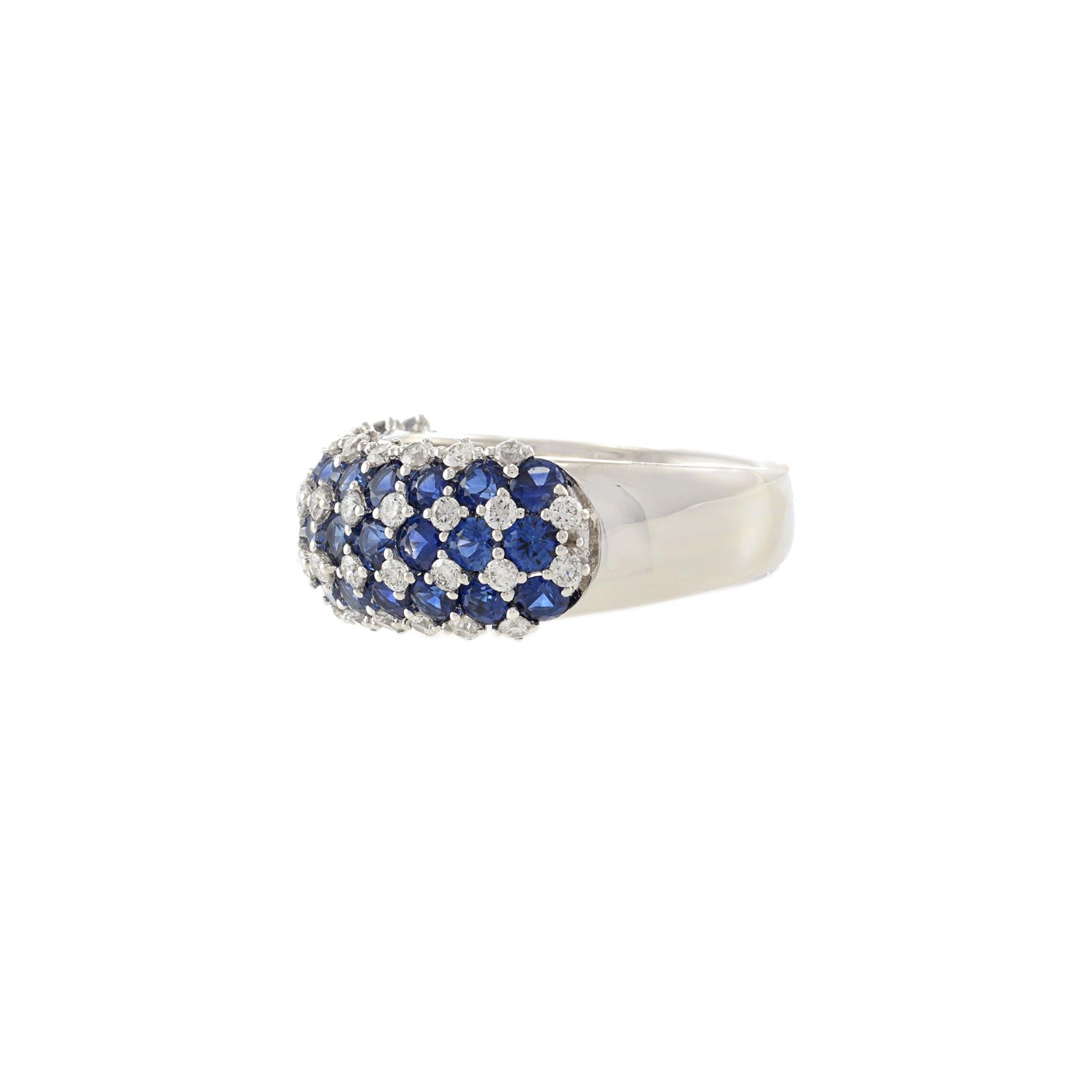 14K White Gold Checkerboard Dome Ring with Blue Sapphires & Diamonds