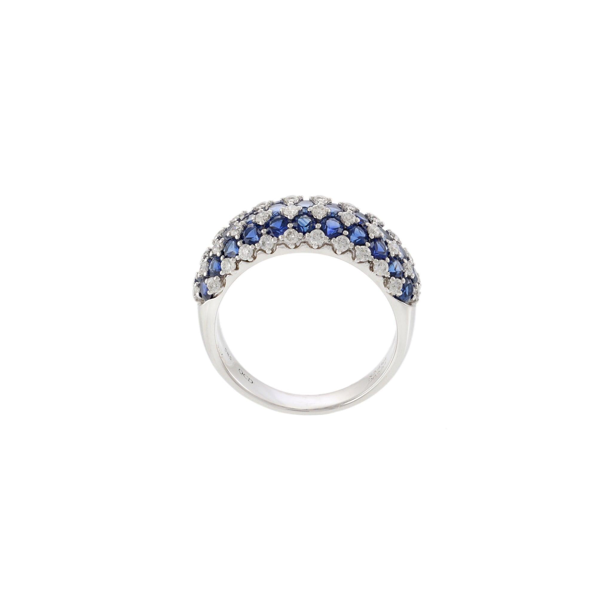 14K White Gold Checkerboard Dome Ring with Blue Sapphires & Diamonds