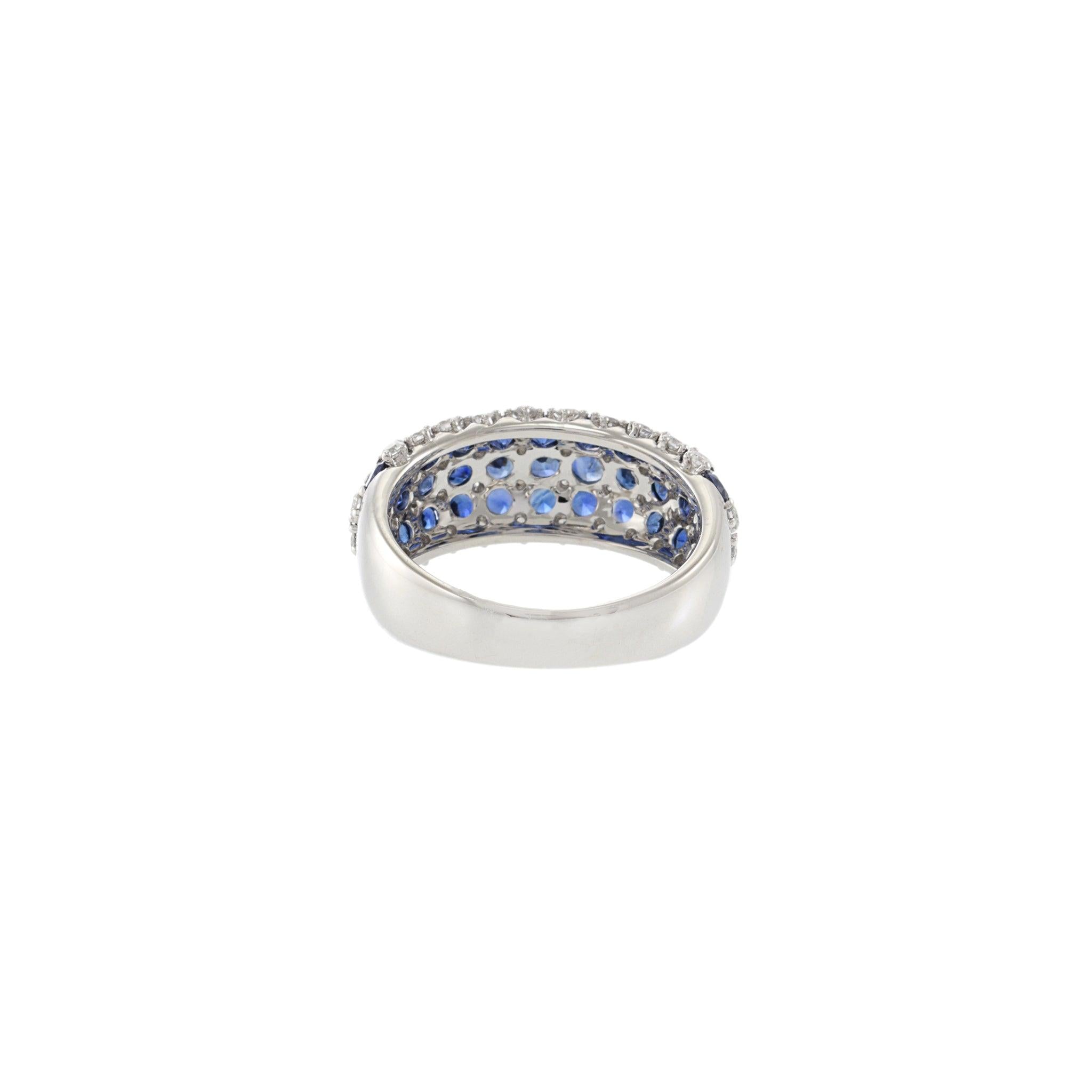 14K White Gold Checkerboard Dome Ring with Blue Sapphires & Diamonds