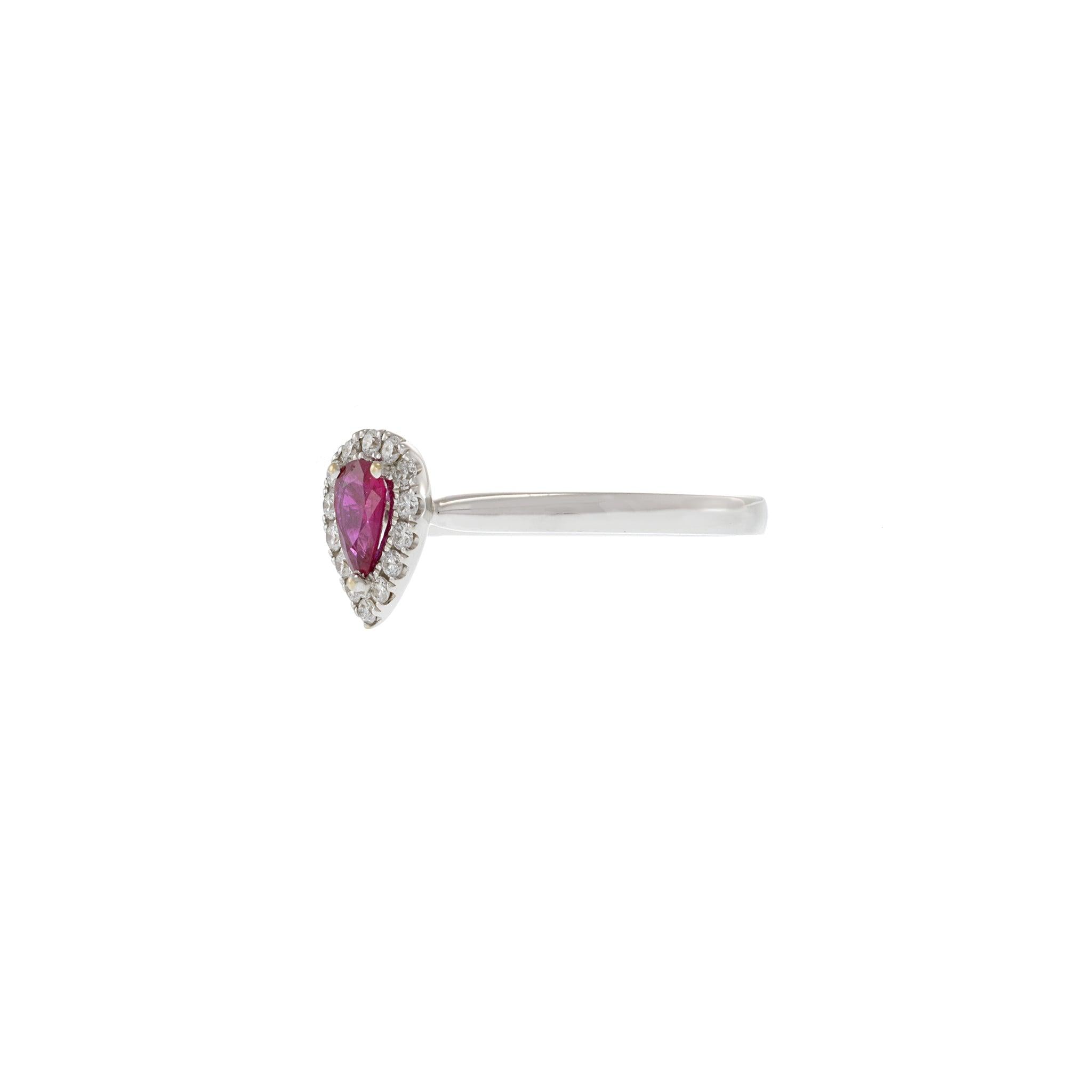18KT White Gold Pear Ruby and Diamond Halo Ring