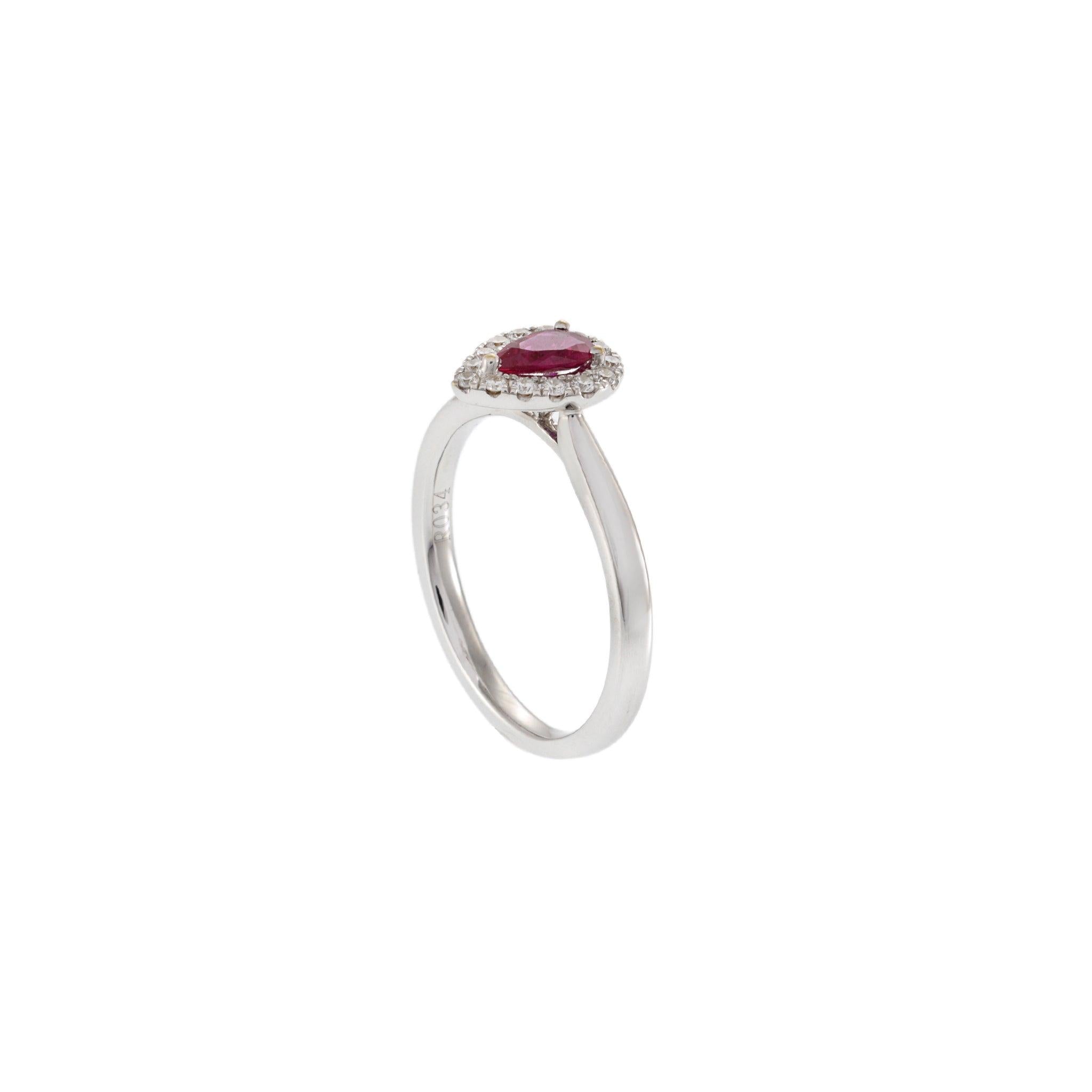 18KT White Gold Pear Ruby and Diamond Halo Ring