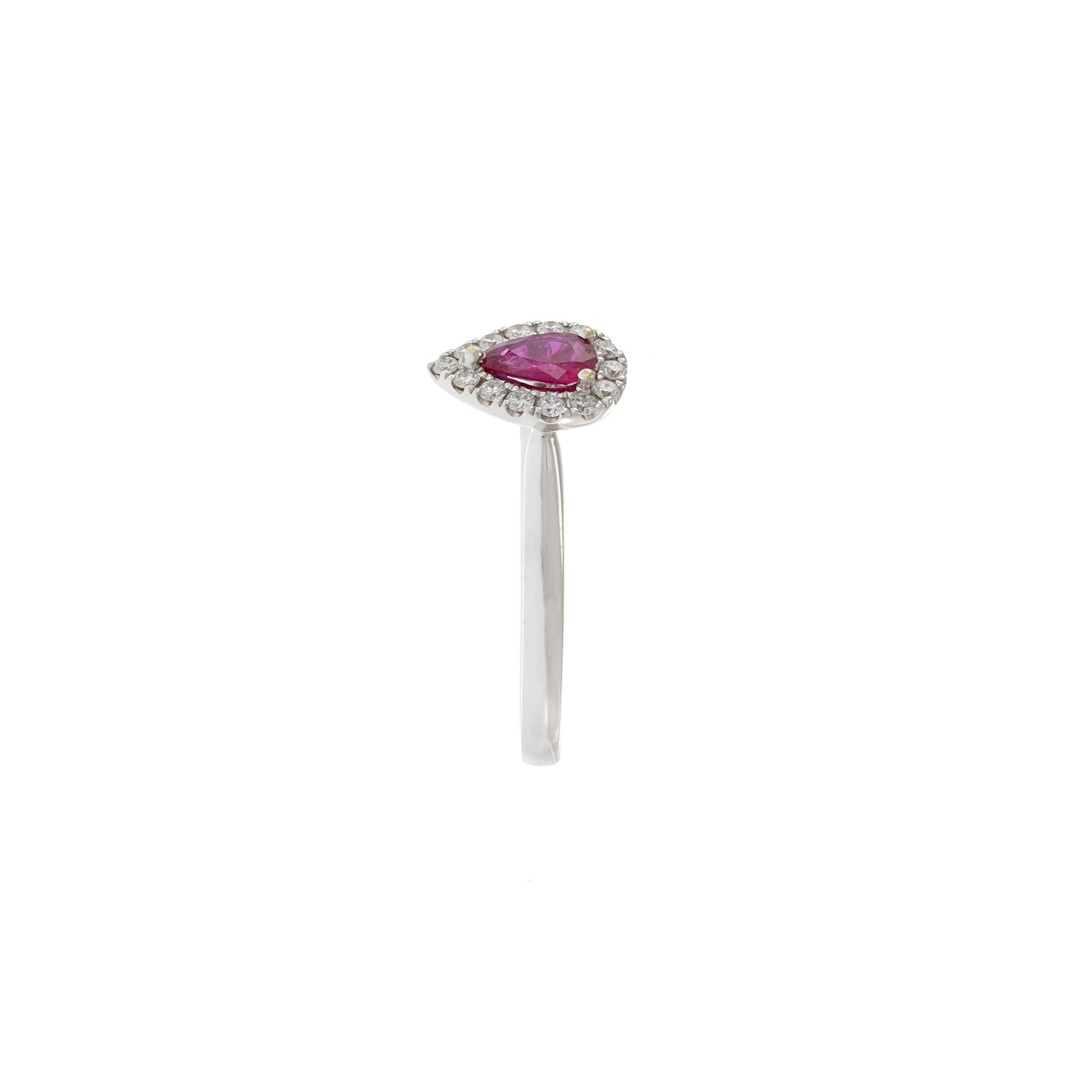 18KT White Gold Pear Ruby and Diamond Halo Ring