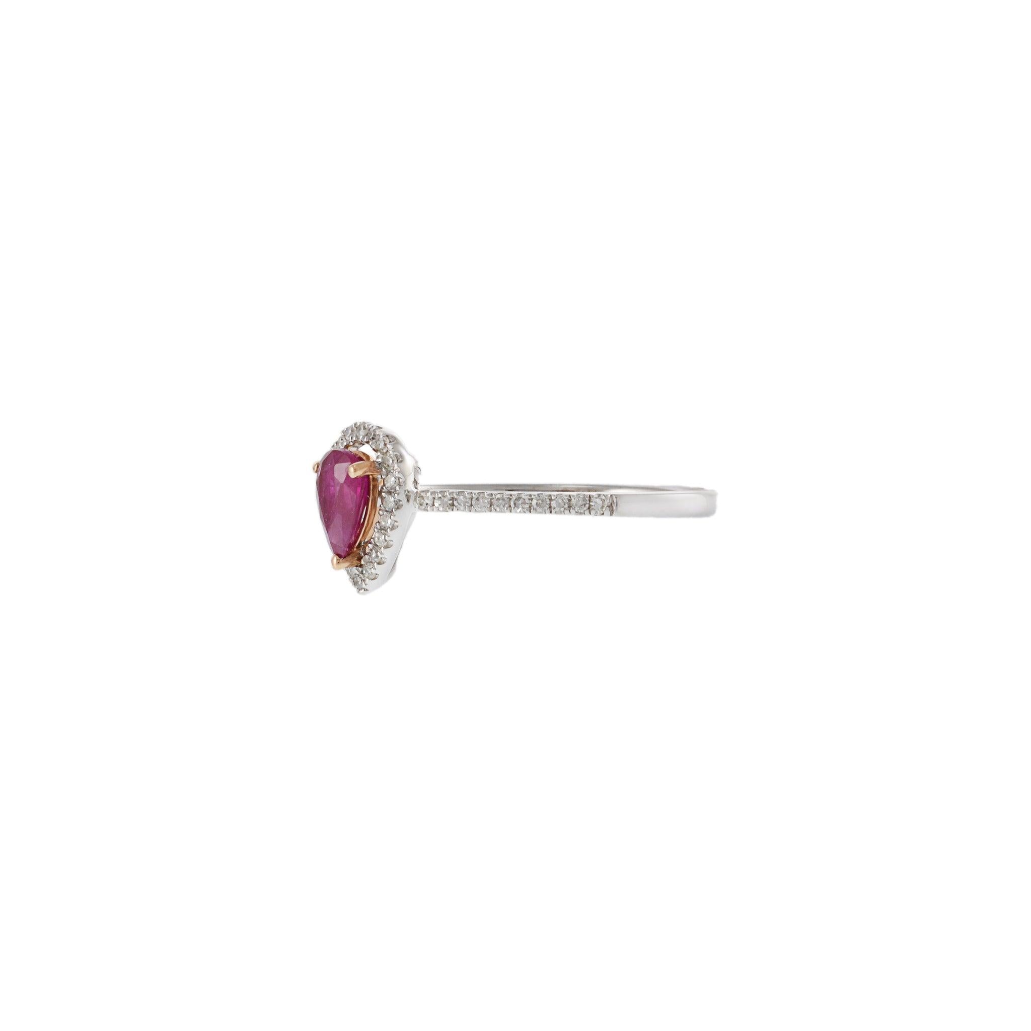 14KT White Gold Pear Shape Ruby and Diamond Halo Ring
