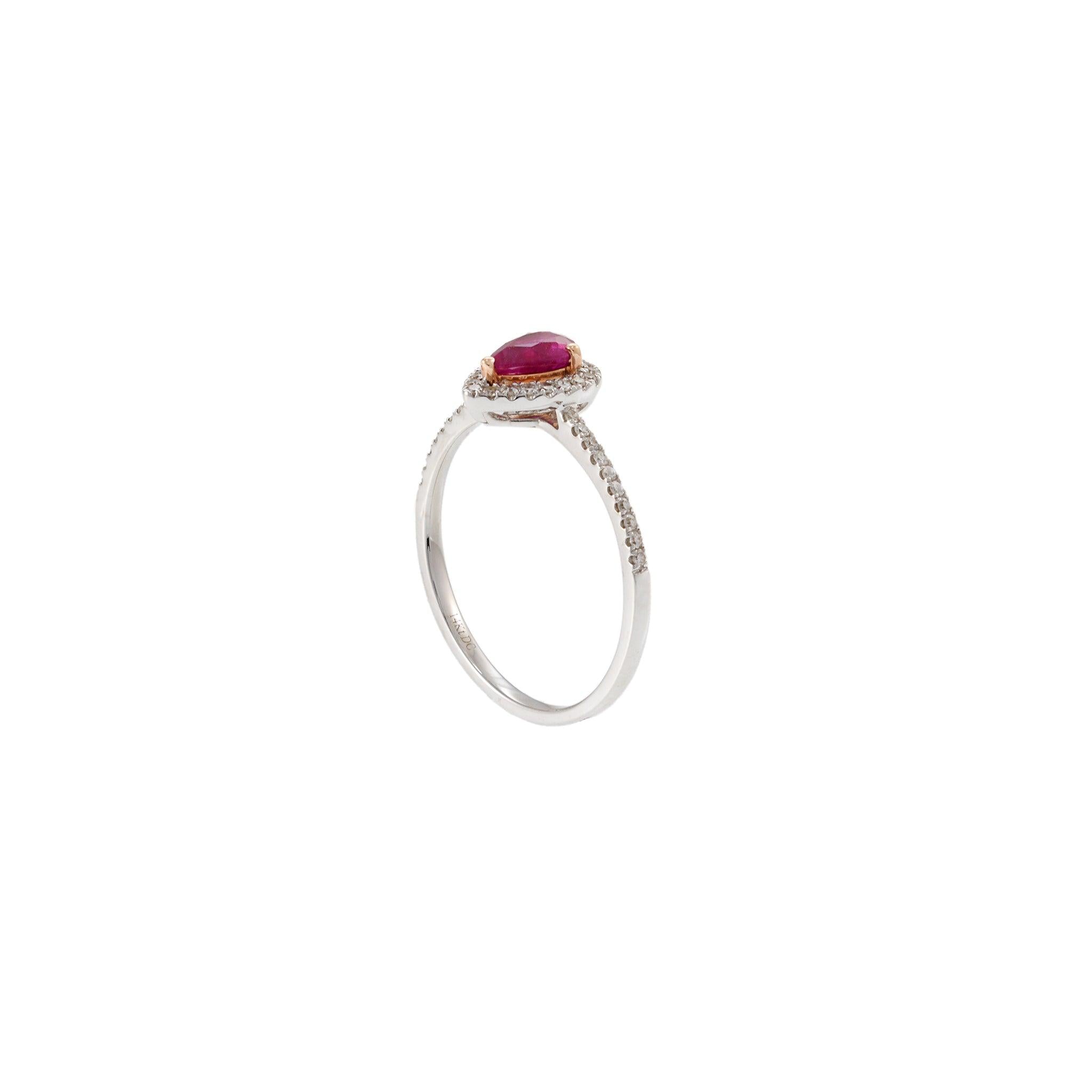 14KT White Gold Pear Shape Ruby and Diamond Halo Ring