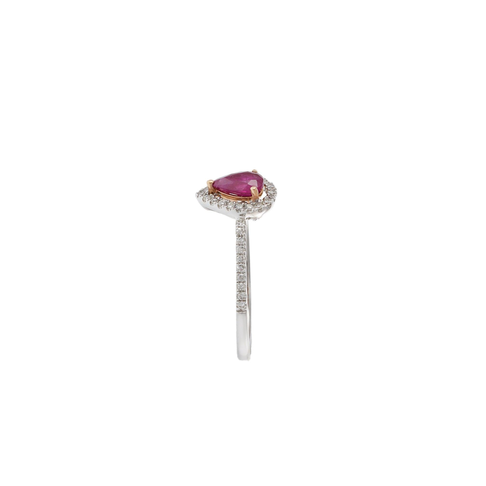 14KT White Gold Pear Shape Ruby and Diamond Halo Ring
