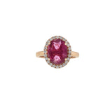 14KT Rose Gold Oval Cut Rubellite and Diamond Halo Ring