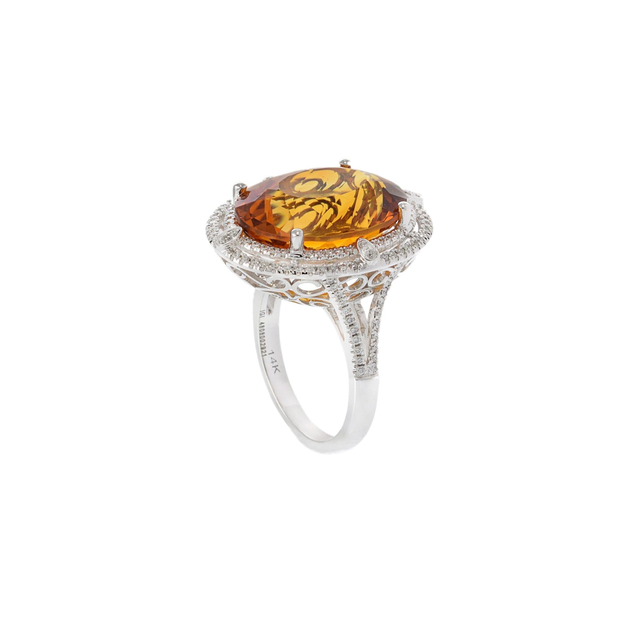 14KT White Gold Citrine and Diamond Double Halo Ring