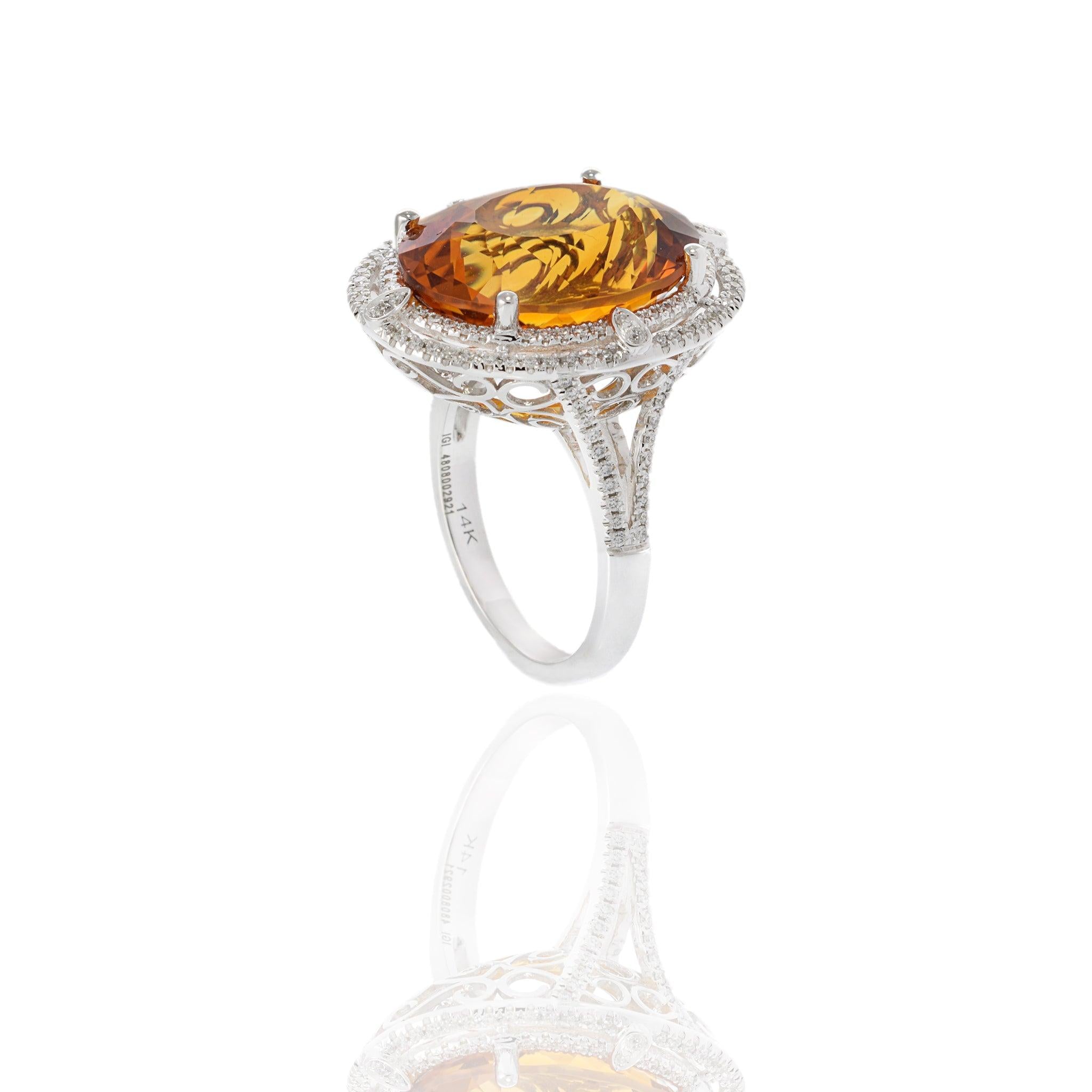 14KT White Gold Citrine and Diamond Double Halo Ring