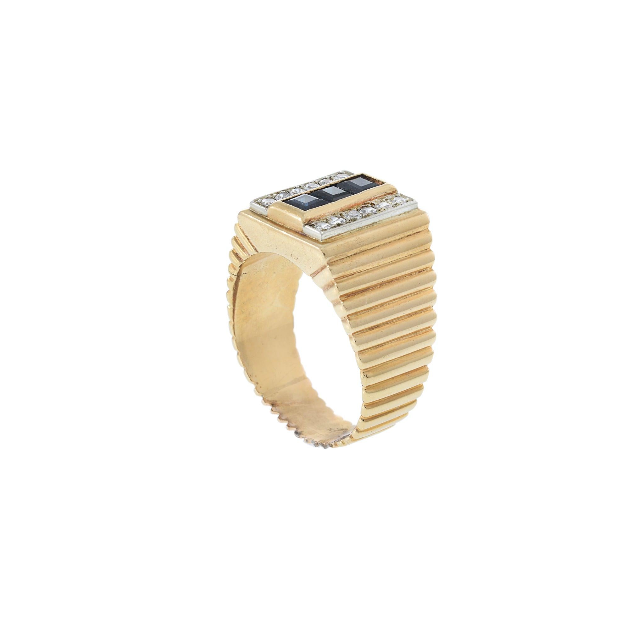 Men's Vintage Retro 18KT Rose Gold Blue Sapphire & Diamond Ring